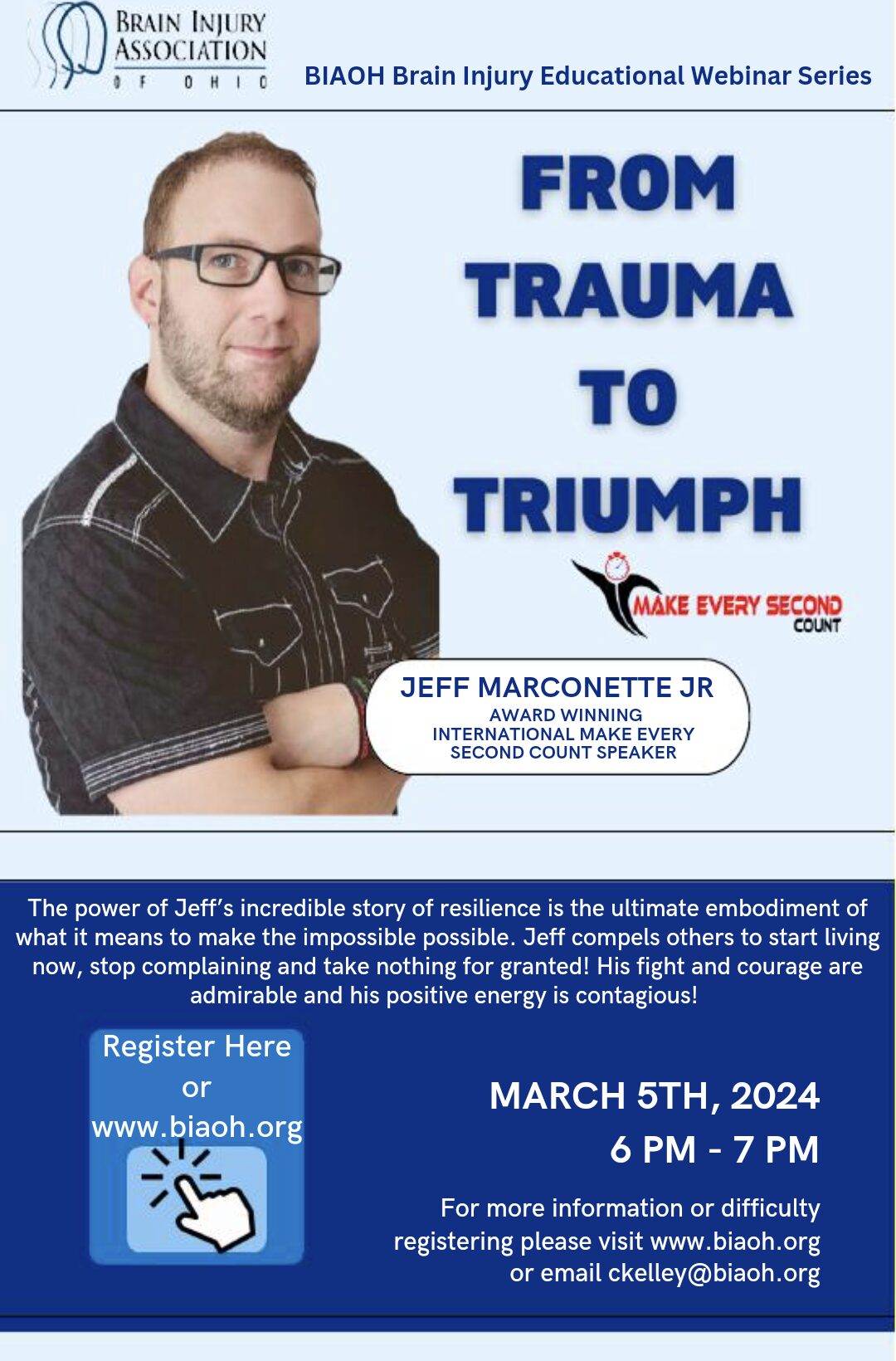 Man with glasses and beard in black shirt, smiling, promotional poster for trauma webinar, date March 5, 2024, 6-7 PM, website and email info.