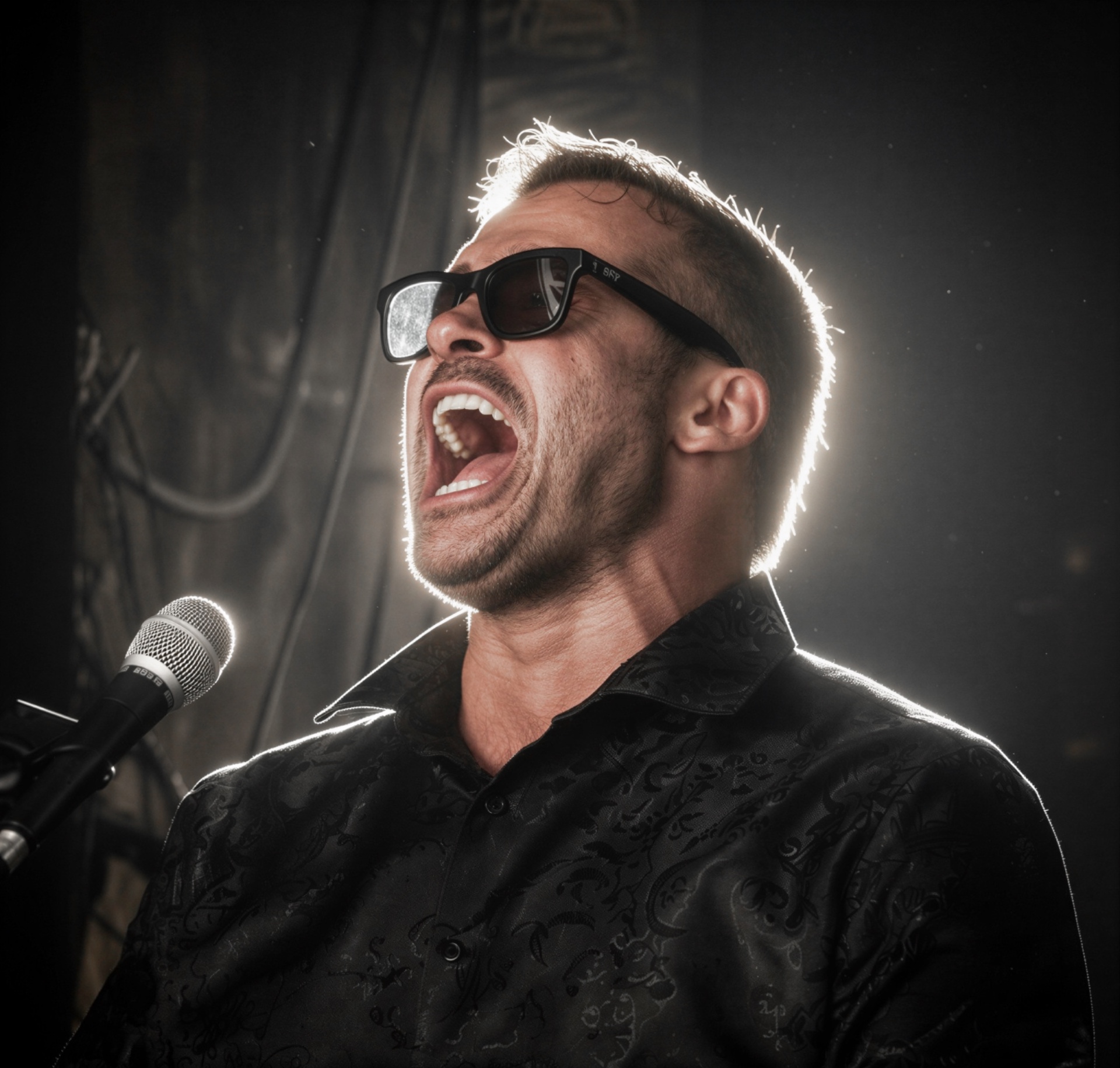 Man singing passionately into a microphone, wearing sunglasses and a dark shirt, backlit with bright light behind him.