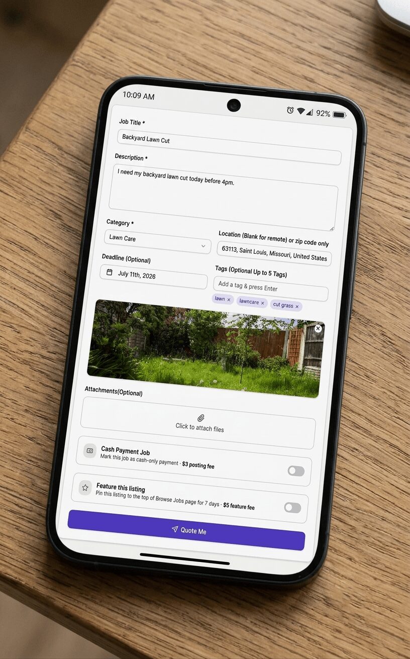 Smartphone on wooden surface displaying a form with a photo of a garden, text fields, and a purple button.