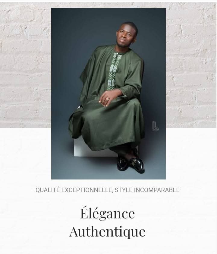 Person in traditional green attire sitting against a dark background, with a white brick wall behind. Text below reads 'Élégance Authentique'.