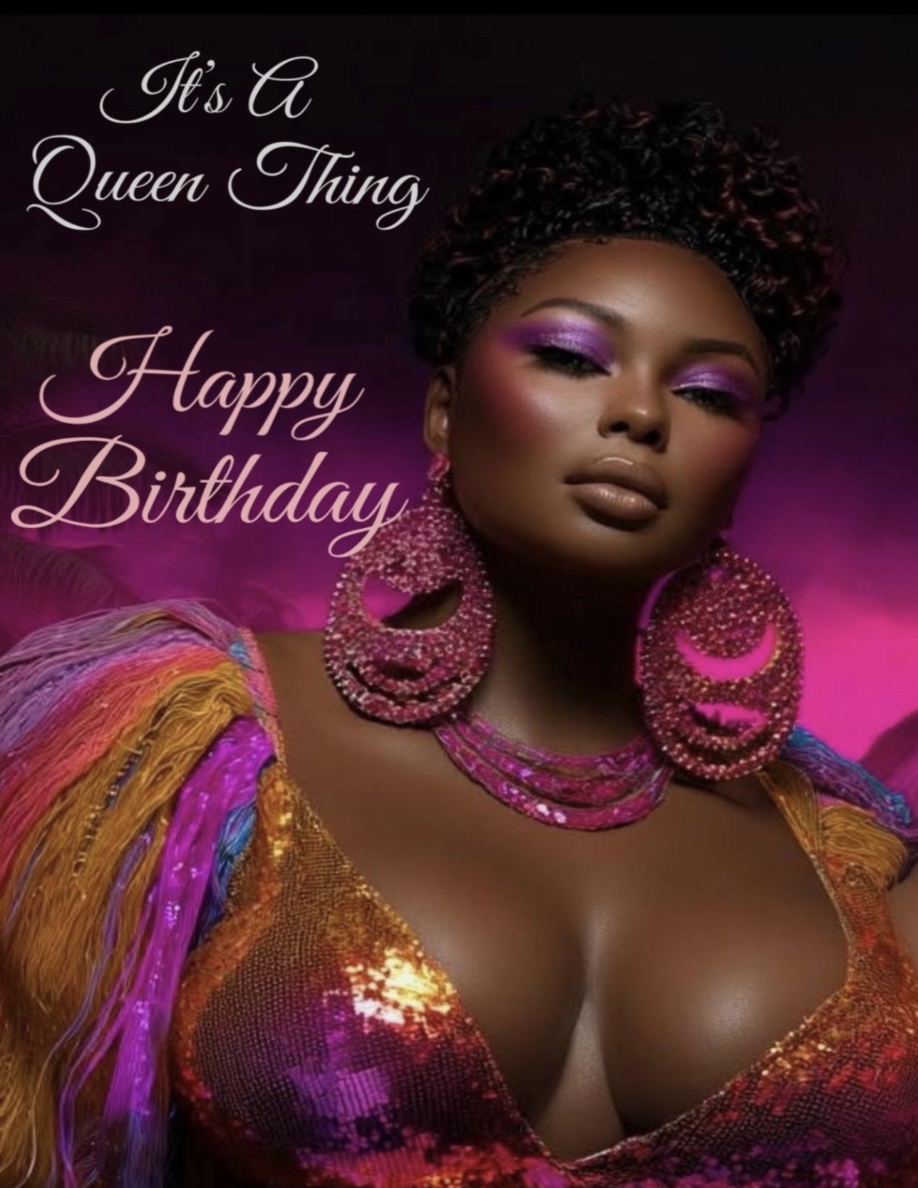 Portrait of a woman with large earrings and colorful clothing, celebrating a birthday with text overlay. Word count: 20.