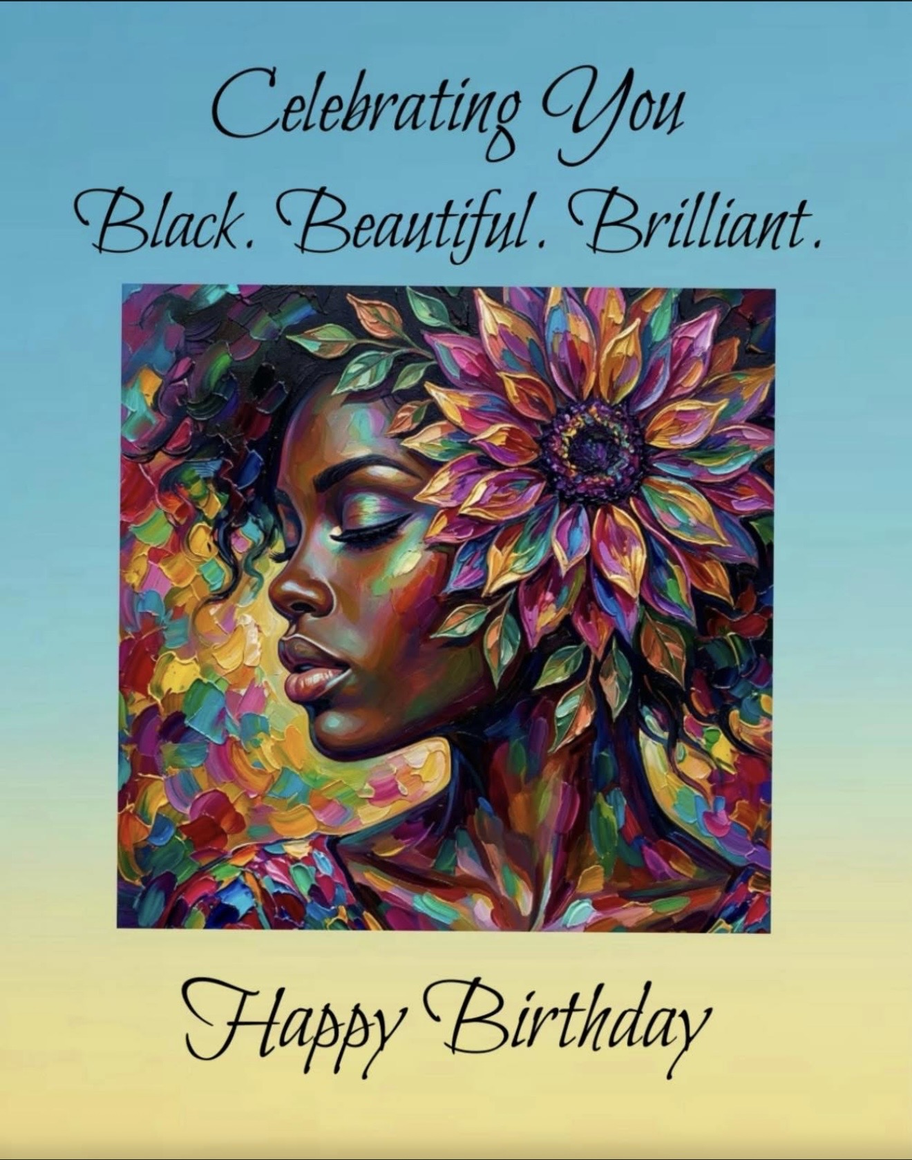 Colorful portrait of a woman with a large flower in her hair, with birthday message and colorful background.