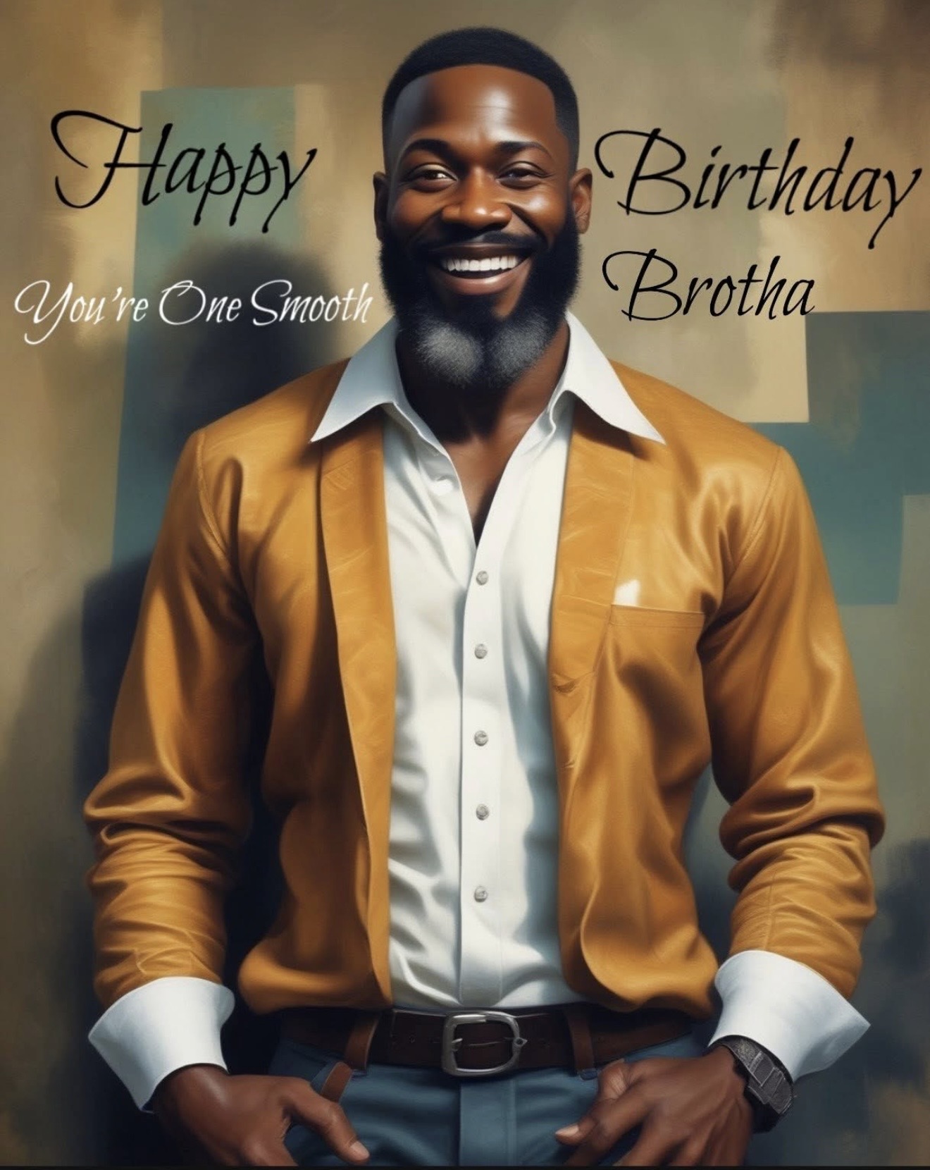 Smiling man in a white shirt and brown jacket, celebrating birthday, with text wishing happy birthday brother.