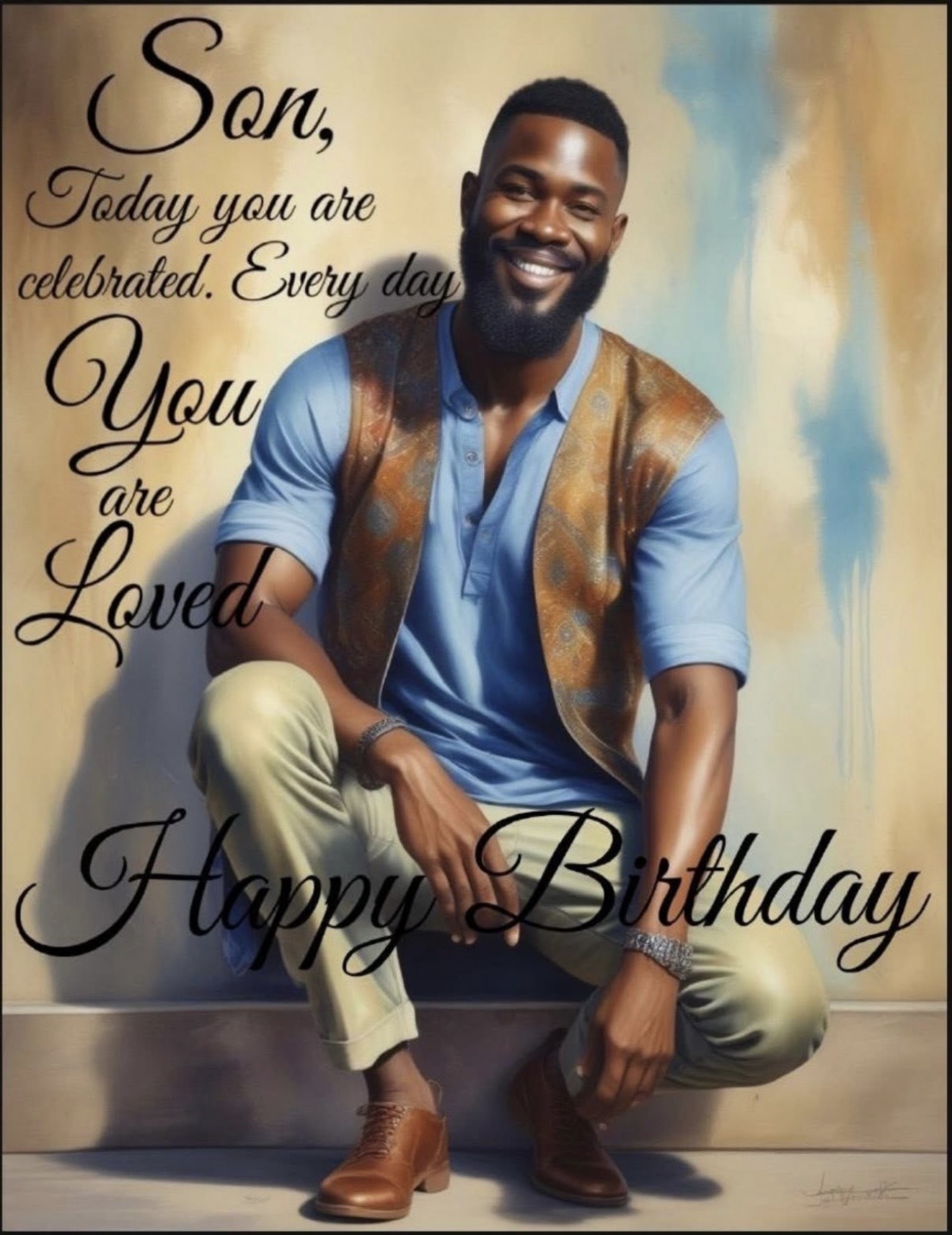 Smiling man sitting on a step, wearing a blue shirt, vest, and beige pants, with birthday message text.