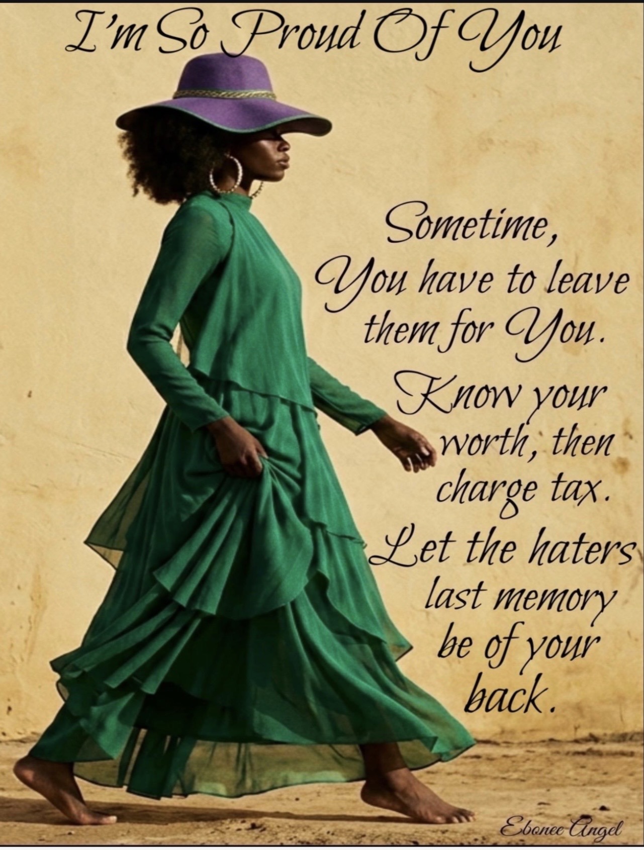 A woman in a green dress and purple hat walks barefoot, with a quote about pride and resilience on a beige background.