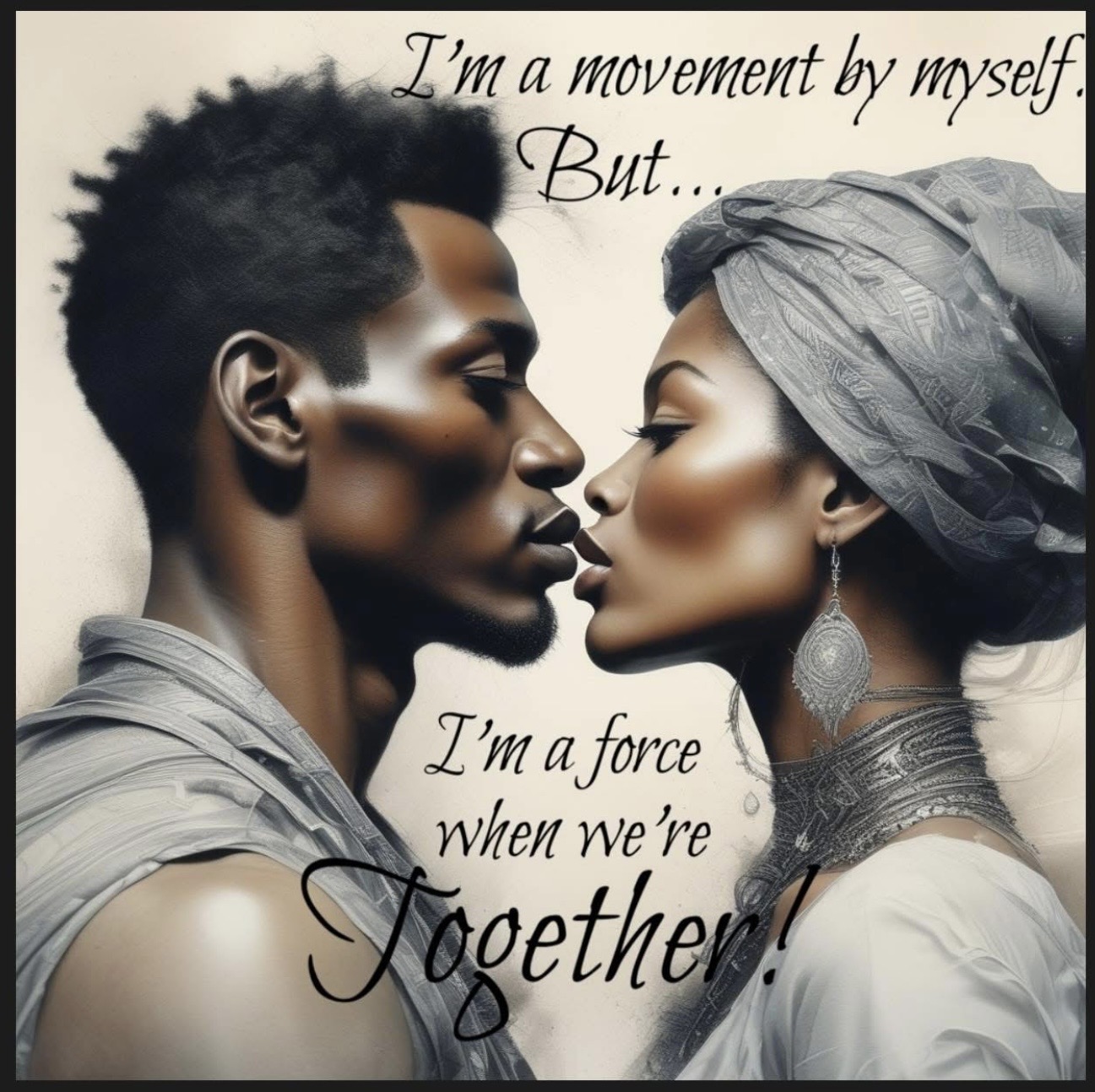 A man and woman face each other closely, with text overlay about movement and force in a relationship.
