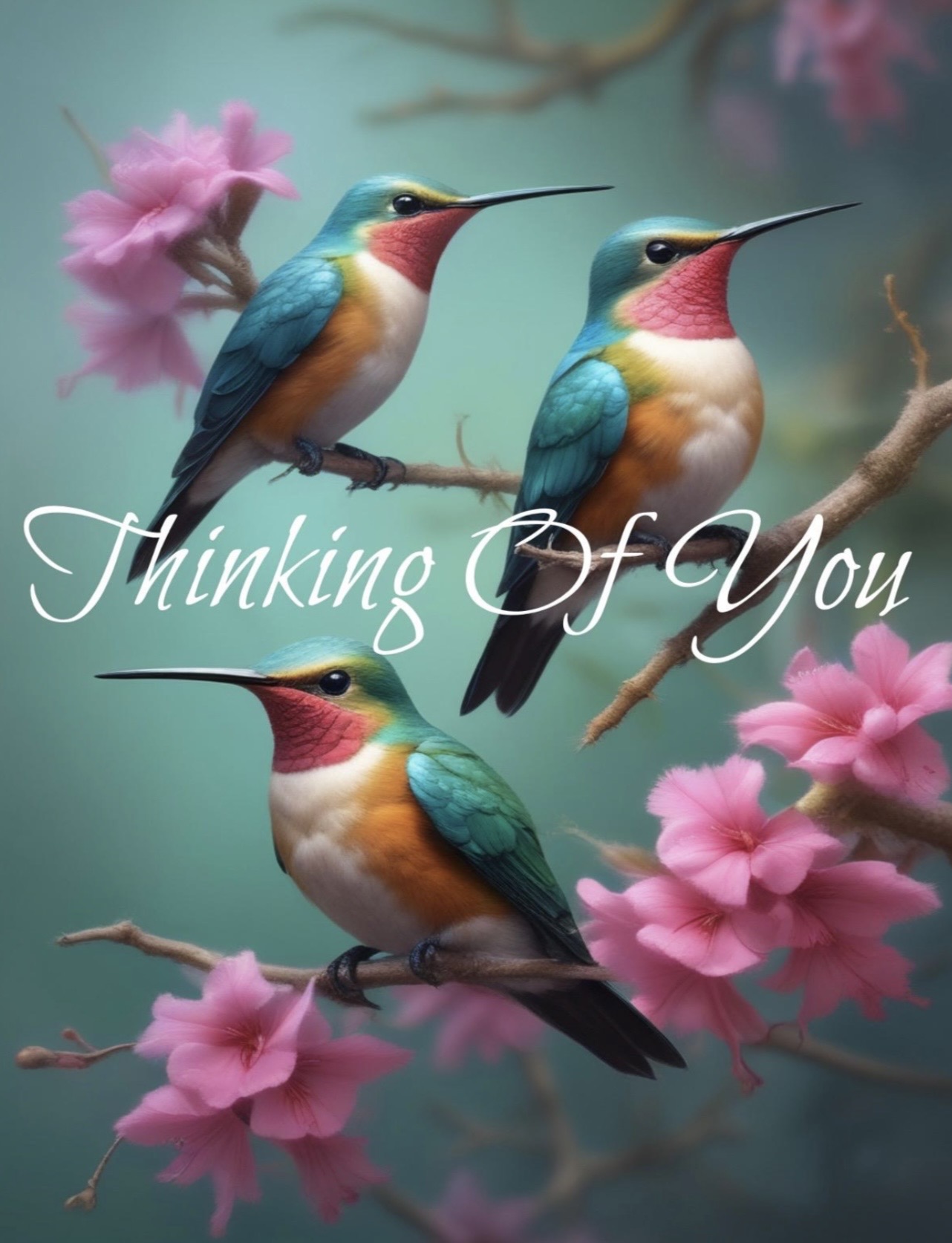 Three colorful hummingbirds perched on pink blossoms with the text 'Thinking Of You' overlayed.