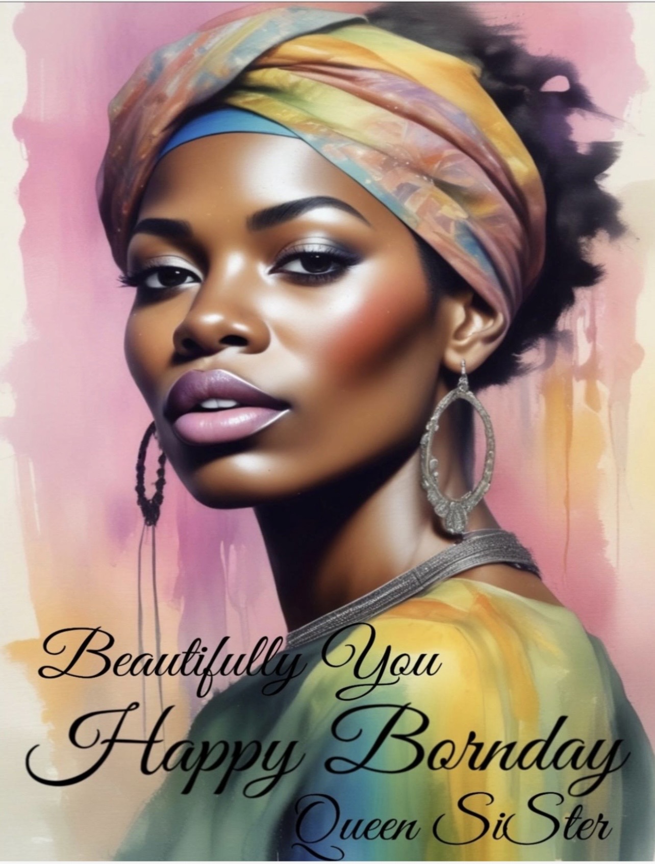 Portrait of a woman with a colorful headwrap, earrings, and makeup, smiling softly against a pink background.