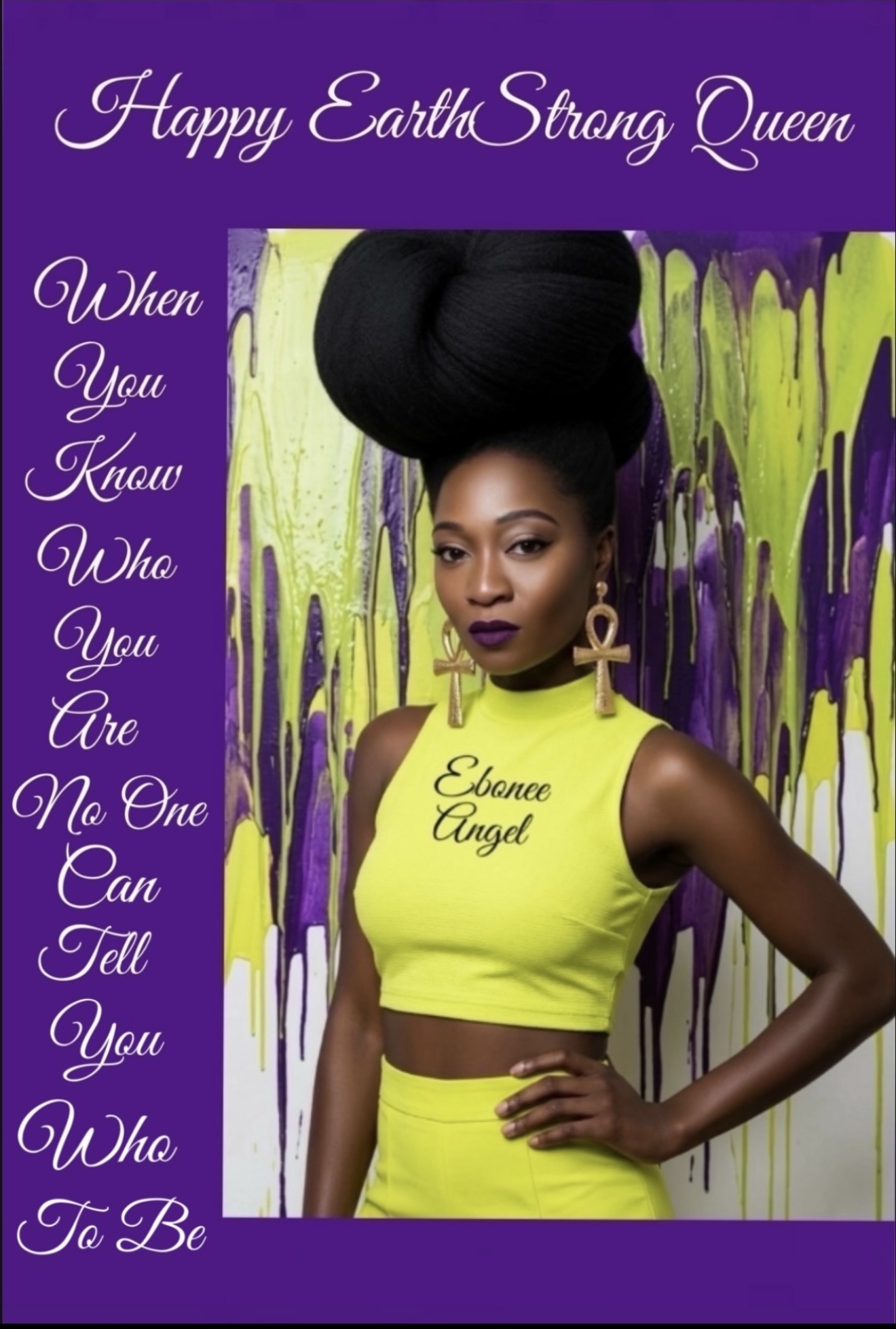 Woman with large black hairstyle, wearing yellow crop top and earrings, standing in front of colorful abstract background.