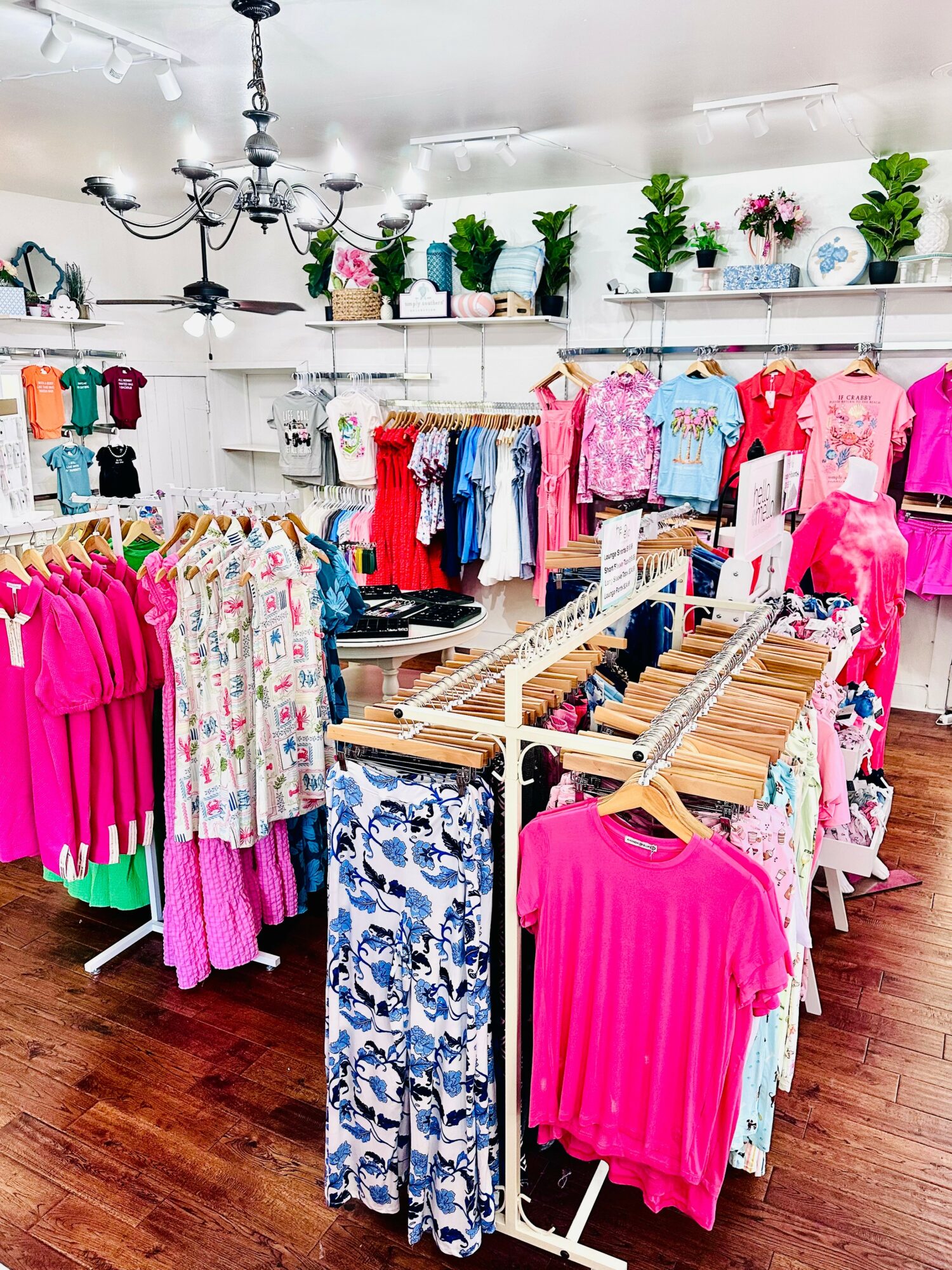 Clothing store with colorful dresses, shirts, and accessories on racks and shelves, white walls, wooden floor, and decorative plants.
