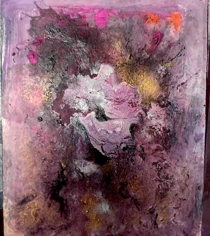 Abstract painting with pink, purple, black, and gold colors, featuring textured and layered brushstrokes.