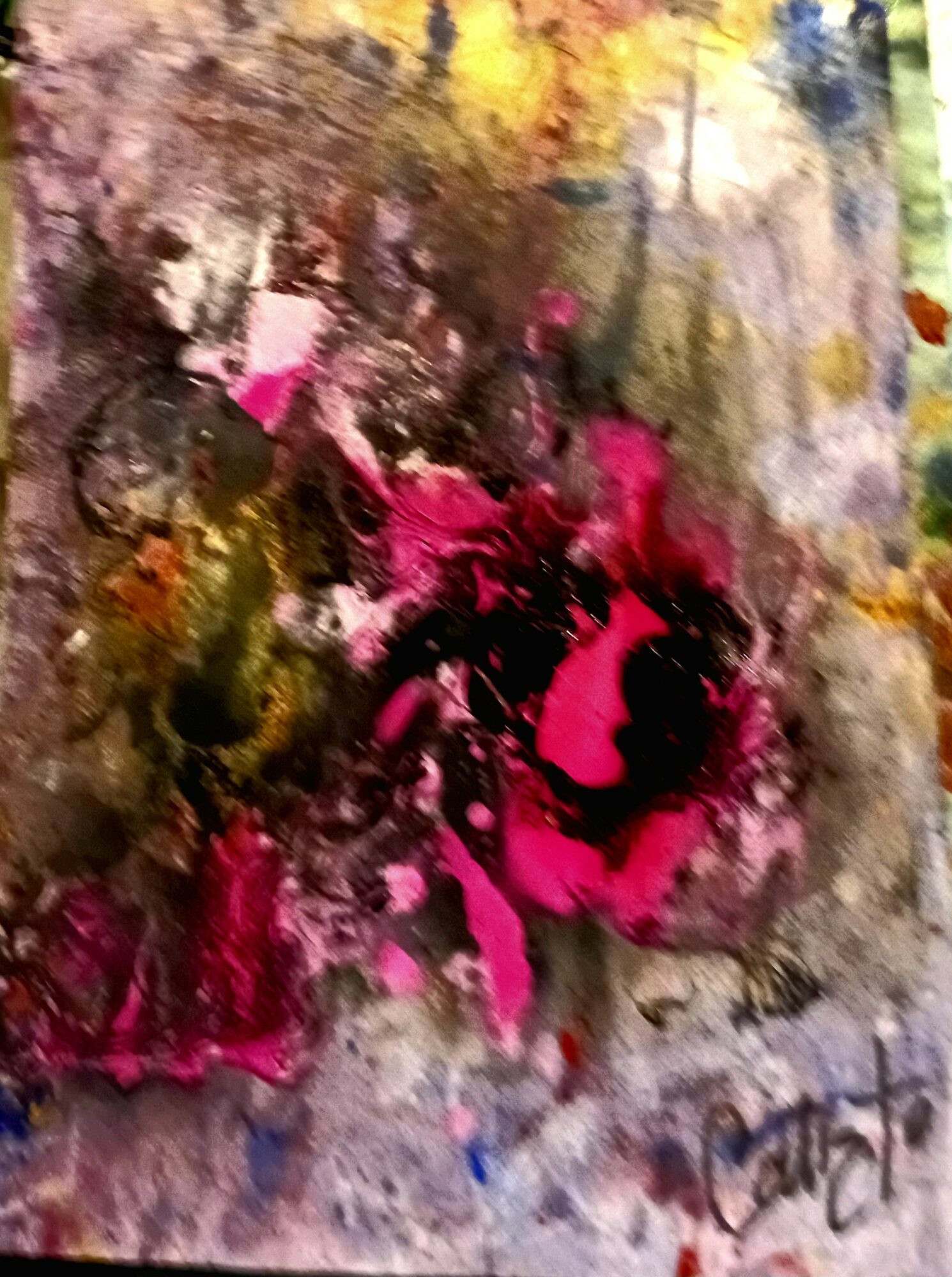 Abstract painting with pink, black, yellow, and green colors, featuring textured brushstrokes and layered paint.