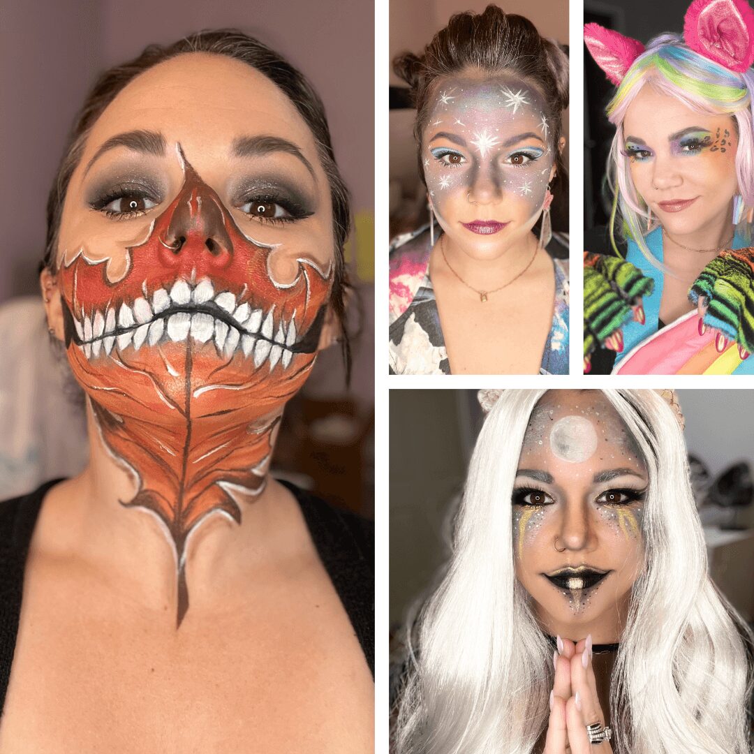 Four women with colorful and creative face paint and costumes for a celebration or event.