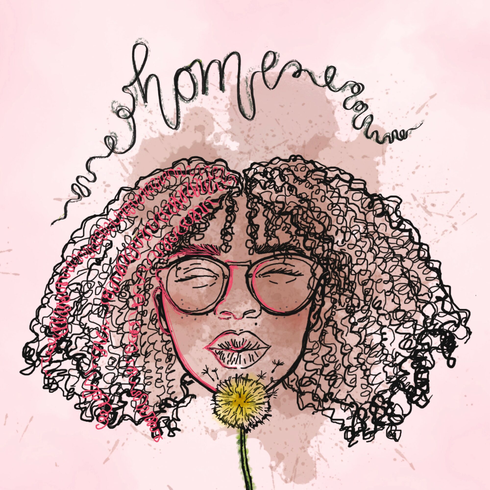 Illustration of a woman with curly hair, glasses, and a flower near her mouth, with handwritten text above her head.