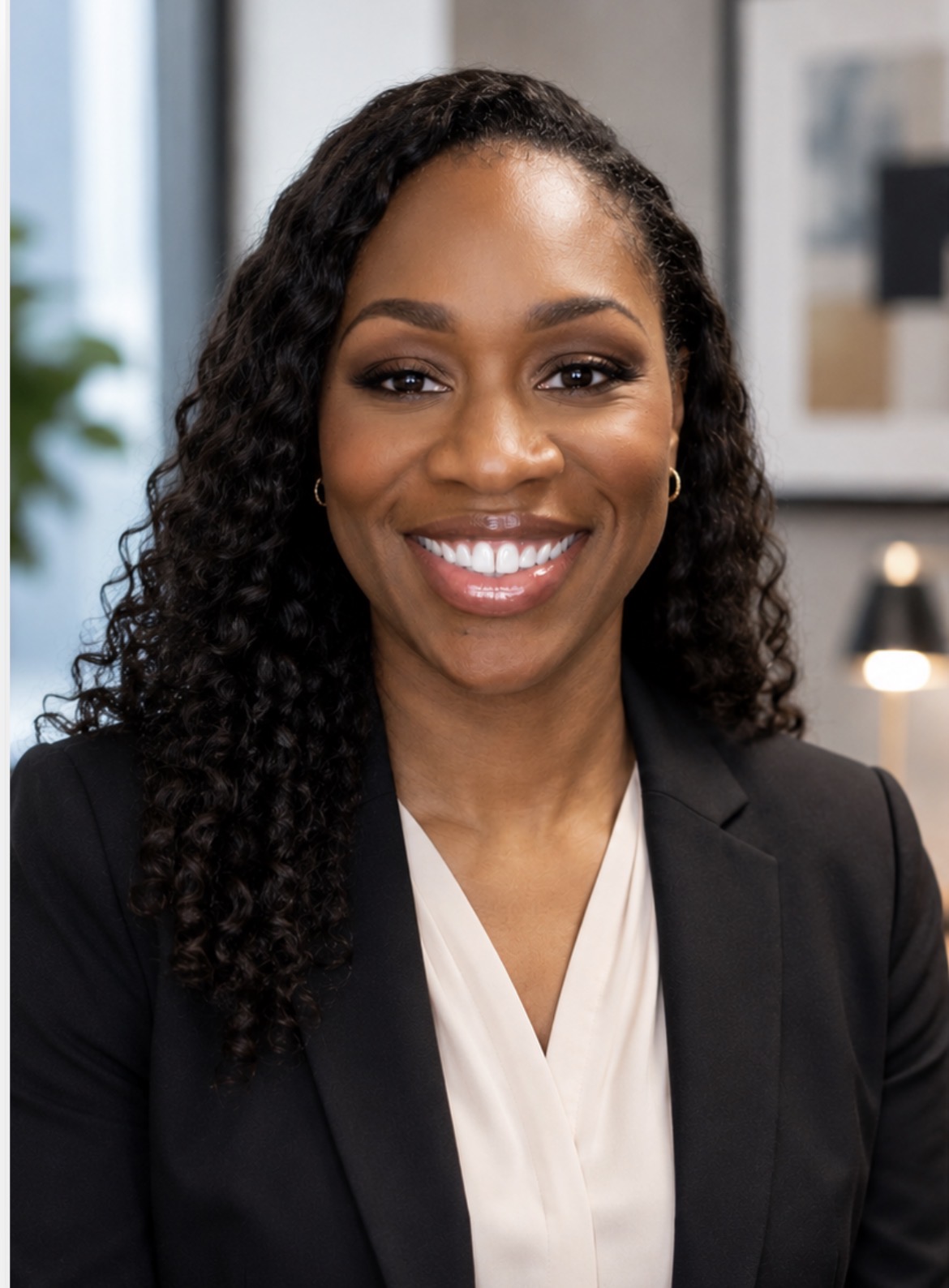 Portrait of a smiling woman with curly hair, wearing a black blazer and white blouse, in an office setting.