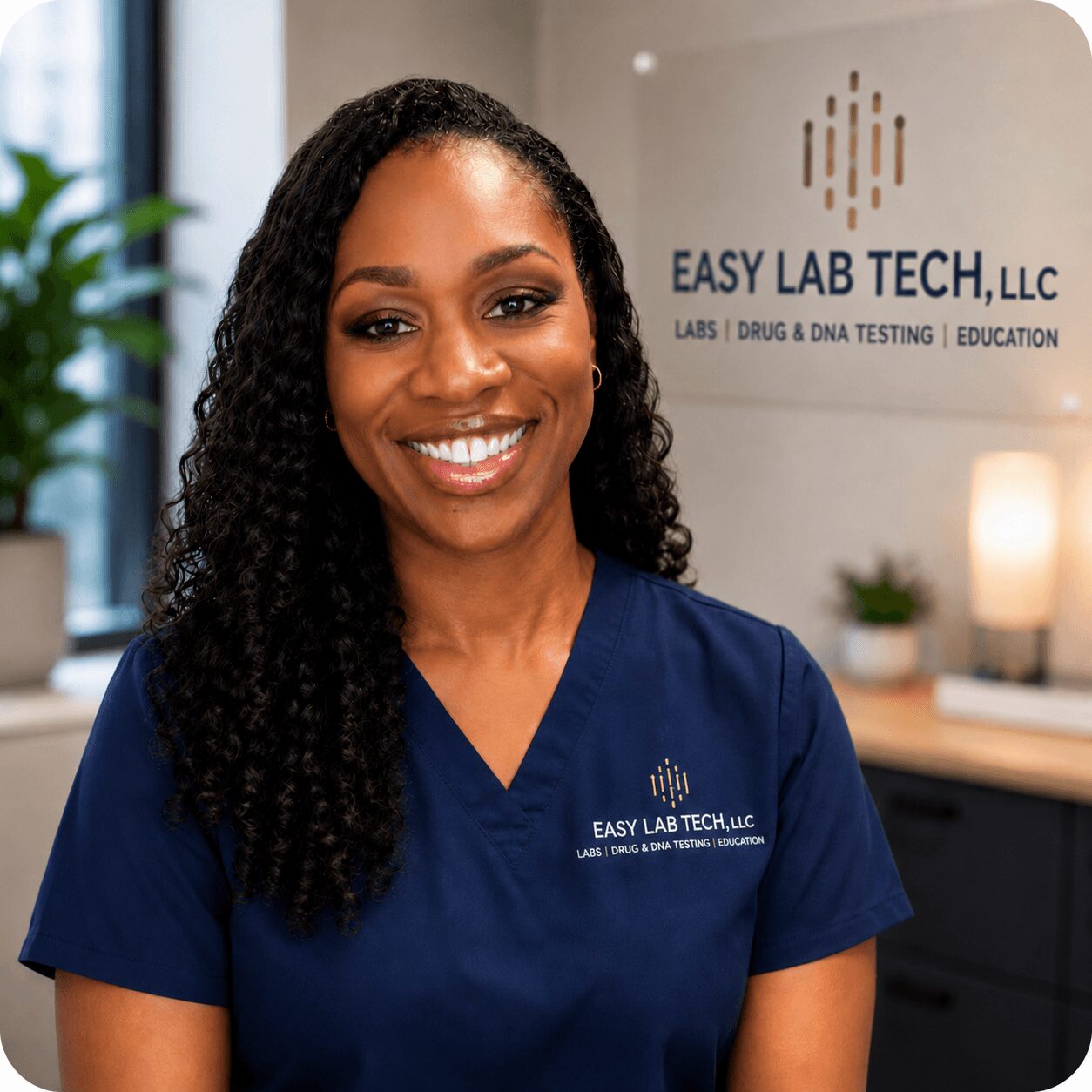 Smiling woman in navy scrubs standing in a lab office with a sign reading 'EASY LAB TECH, LLC' behind her.