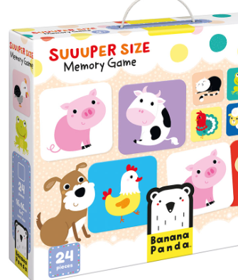 Box of a memory game with cartoon animals including a pig, cow, duck, dog, and panda, with colorful background.