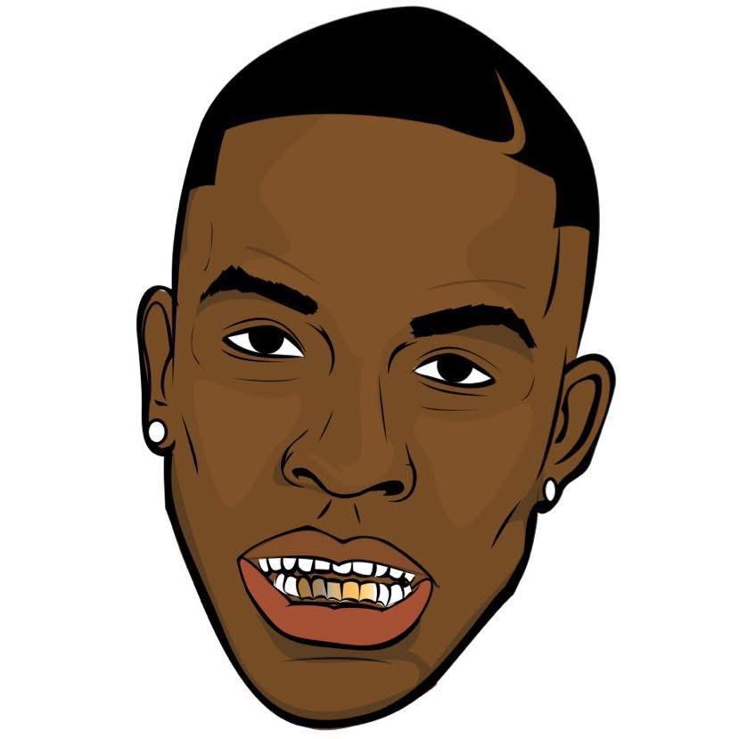A cartoon illustration of a person with short hair, earrings, and an open mouth showing teeth.
