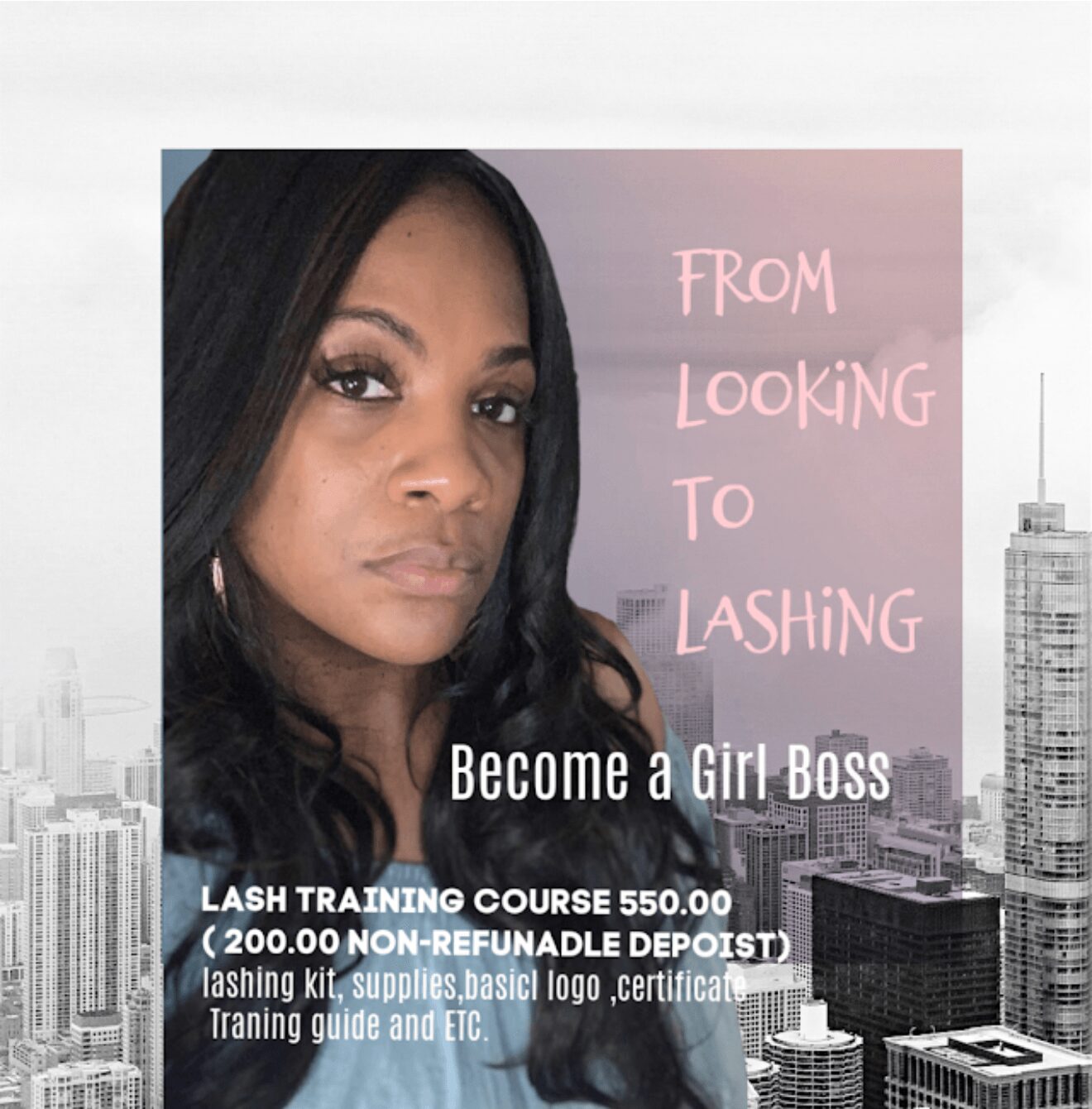 Woman with dark hair and makeup, text about a lash training course, city skyline background, pink and black text overlay.