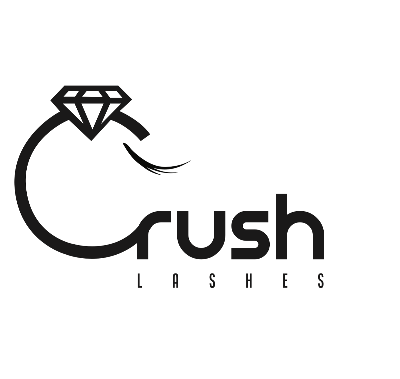 Logo with a diamond ring design and the words 'Crush Lashes' in black text.