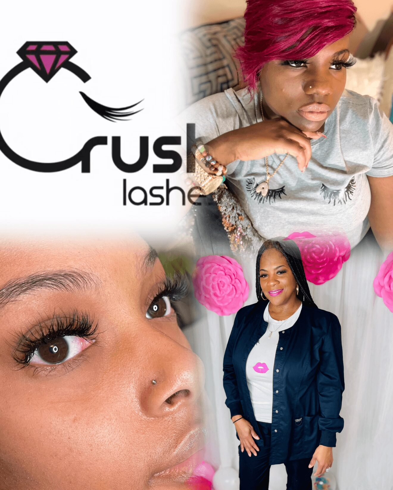 Two women with colorful hairstyles and makeup, one with pink hair and the other smiling, in a collage with a logo.