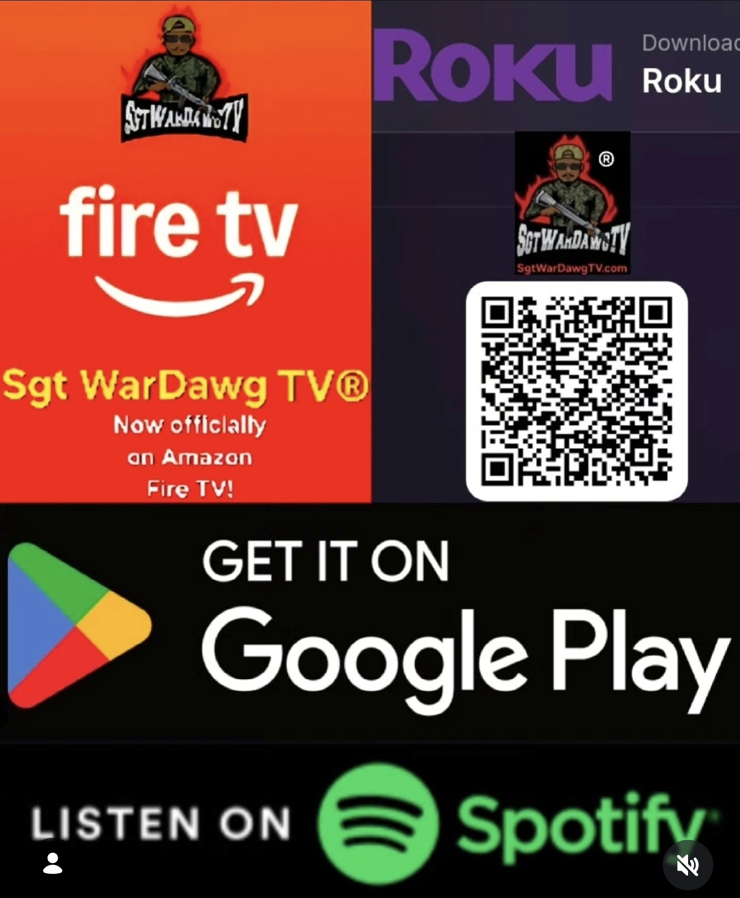 Promotional image for Fire TV, Roku, Google Play, and Spotify streaming services with logos and QR code.