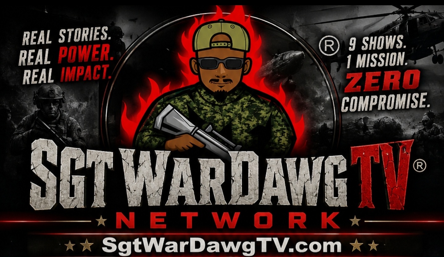 Graphic of a person in camouflage with sunglasses holding a gun, with bold text and a red and black background.