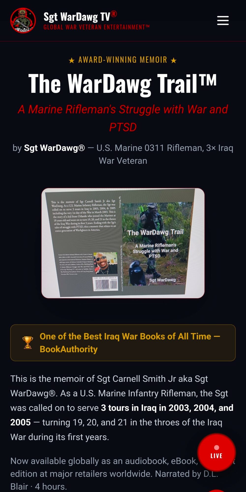 Book cover titled 'The WarDawg Trail' with a person in military uniform, and text about Iraq War veterans, awards, and book details.
