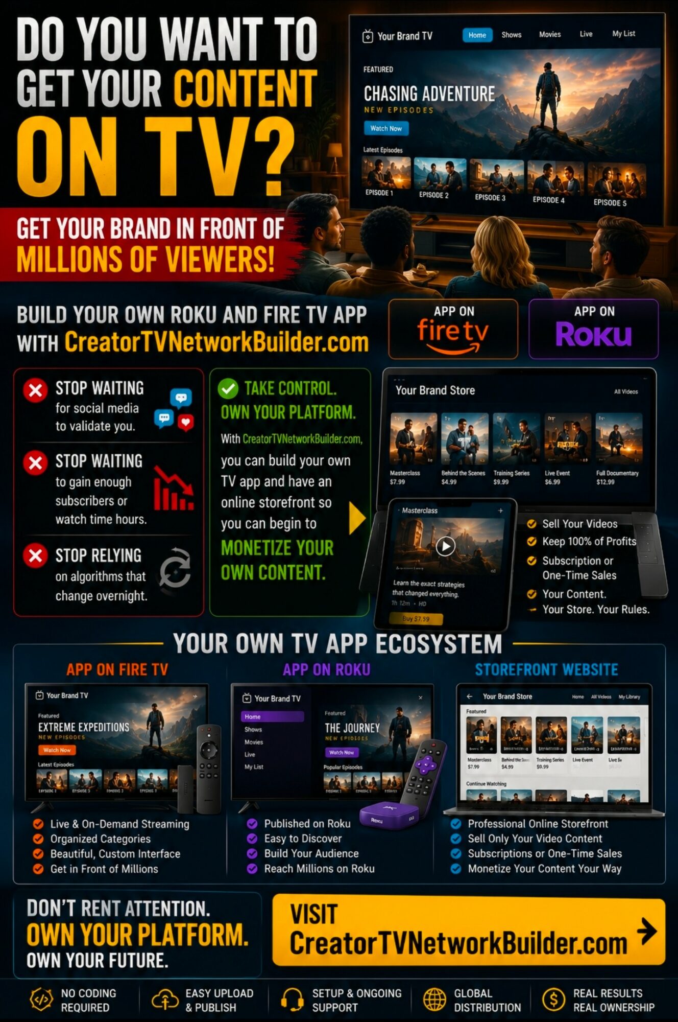 Multiple promotional banners for content creation and streaming apps, including Fire TV, CreatorTV, and CreatorTVNetworkBuilder.com, with text and app icons.