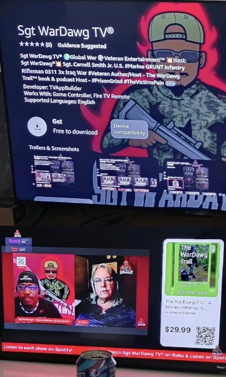 Promotional poster for Sgt WarDawg TV featuring a soldier, a dog, and a tank, with text about downloads and content.