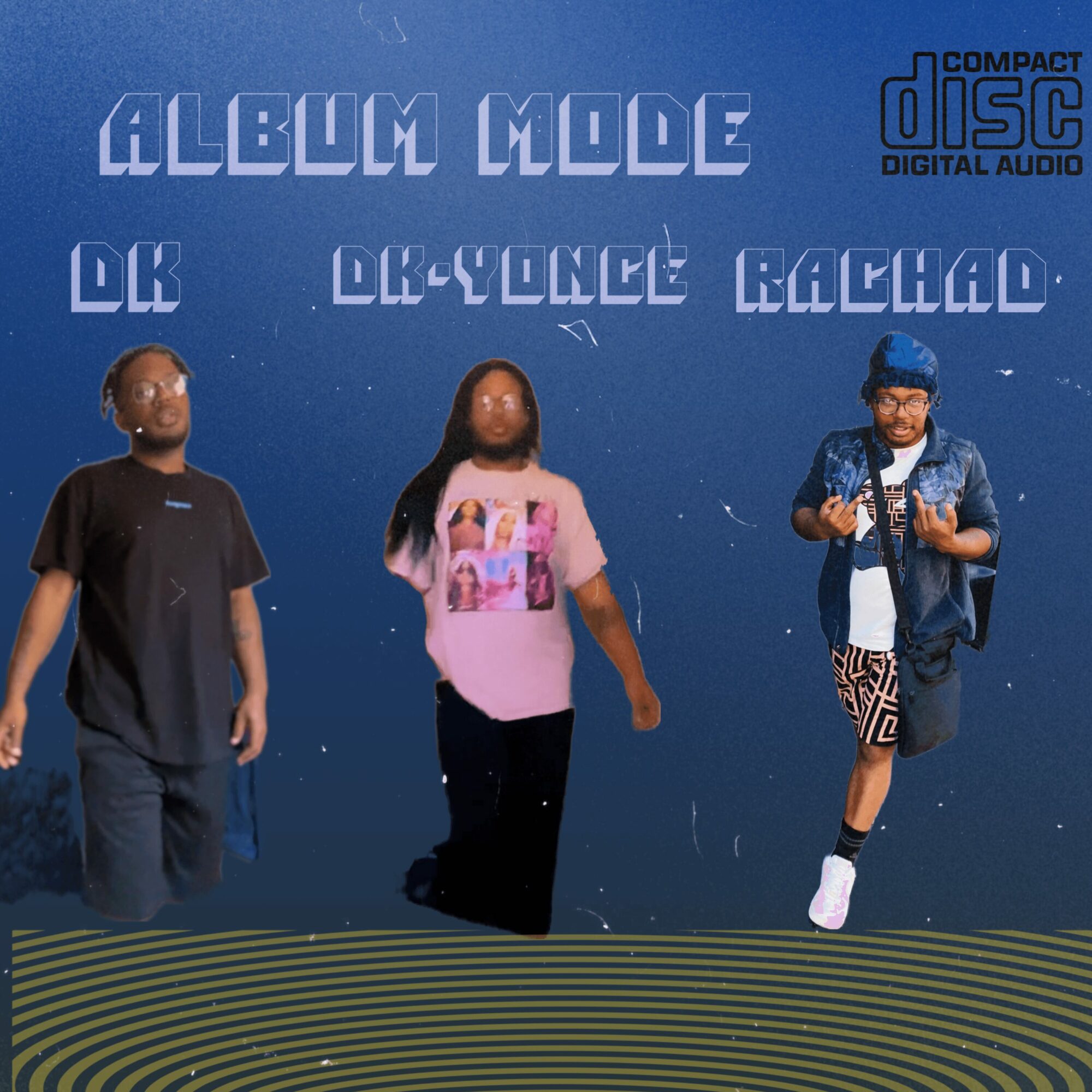 Three people walking on a starry background with text and a logo above them.