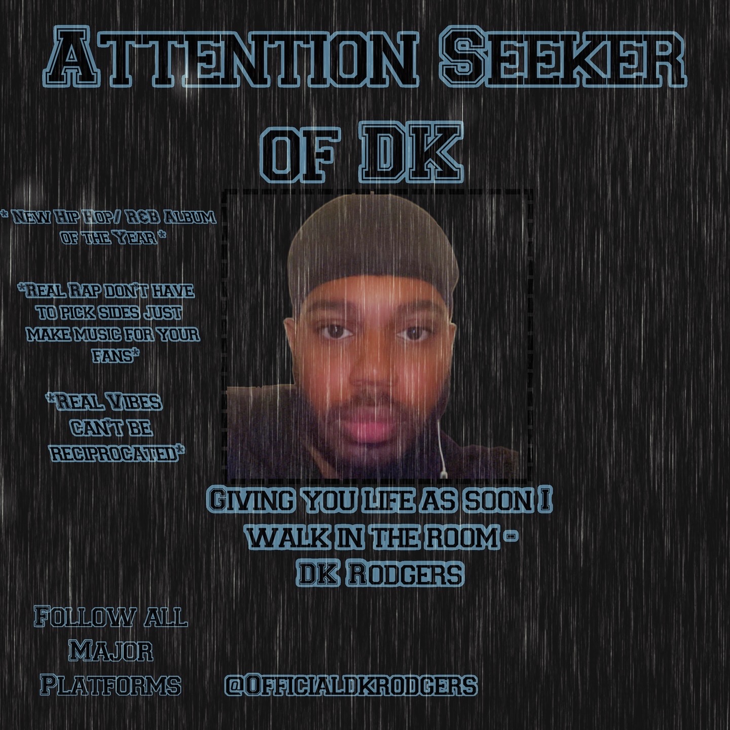 A person with a cap, rain falling, and text about DK Rodgers and social media handles.