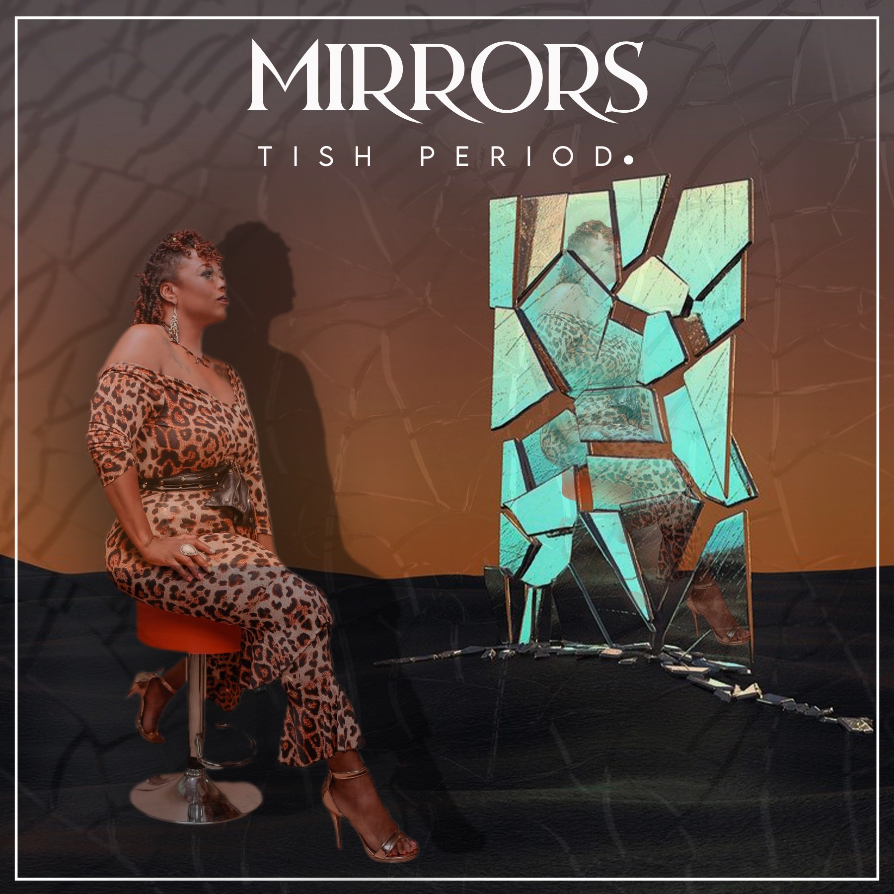 Woman in leopard print dress sitting on a stool, shadow cast on wall, abstract mirror sculpture nearby, background with text.