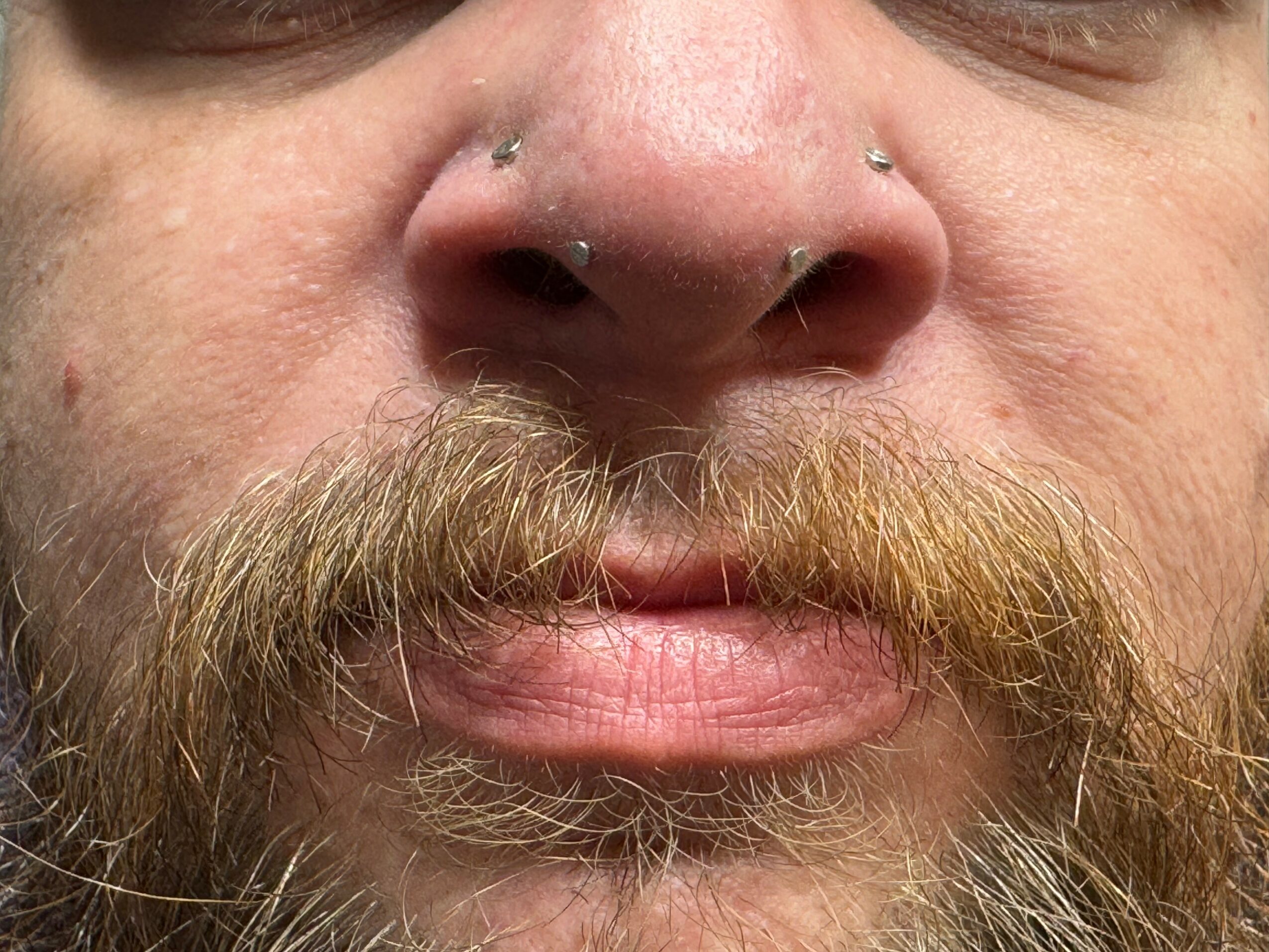 Close-up of a person's nose, mustache, and lips with facial piercings, showing skin texture and facial hair.