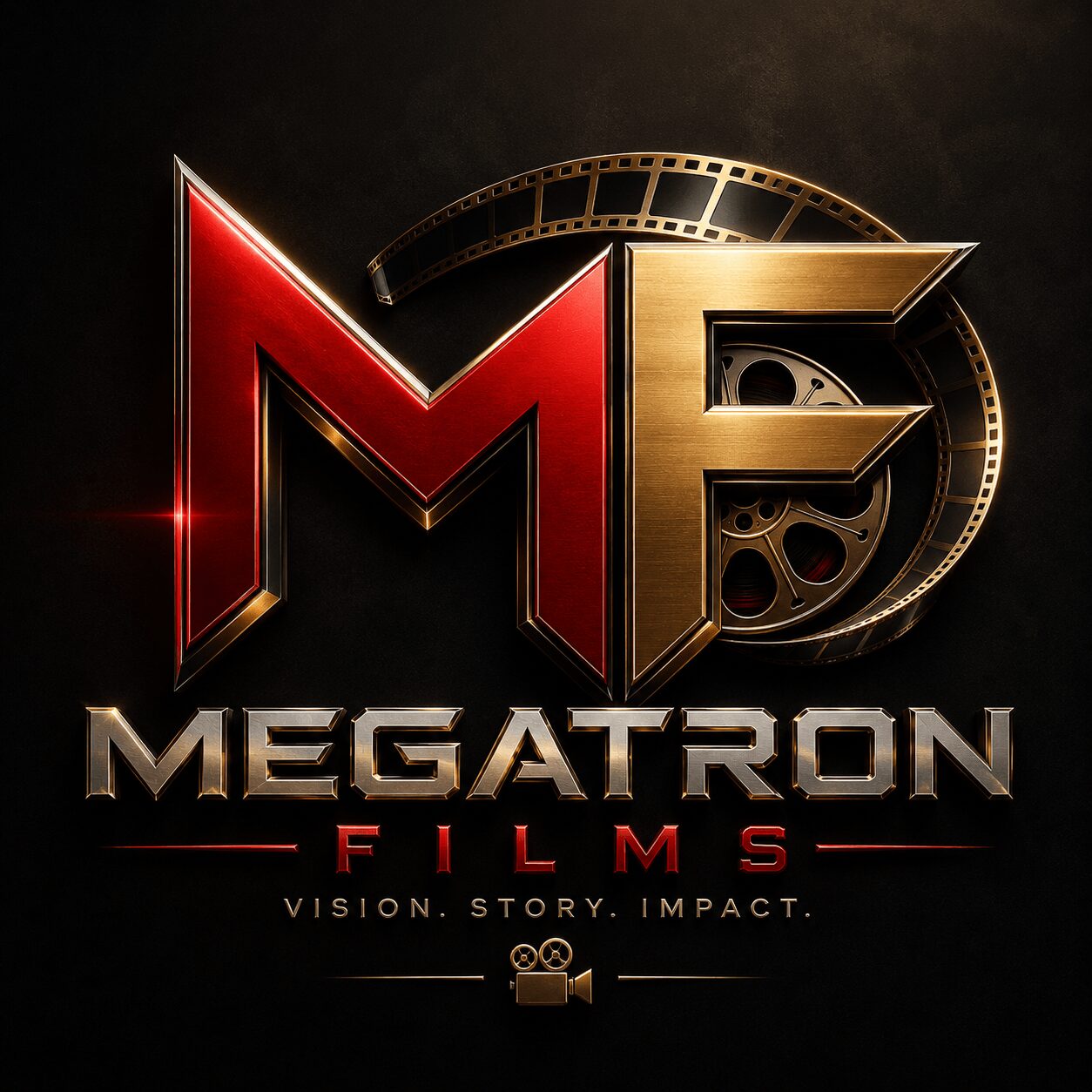 Logo with large red and gold metallic letters 'M' and 'F', with 'MEGATRON FILMS' below, and a film camera icon. 20 words.