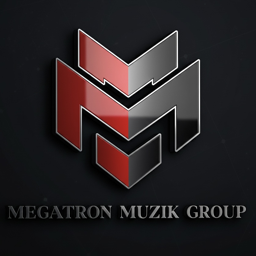 A 3D geometric logo with red, black, and gray shapes, and the text 'MEGATRON MUZIK GROUP' below.