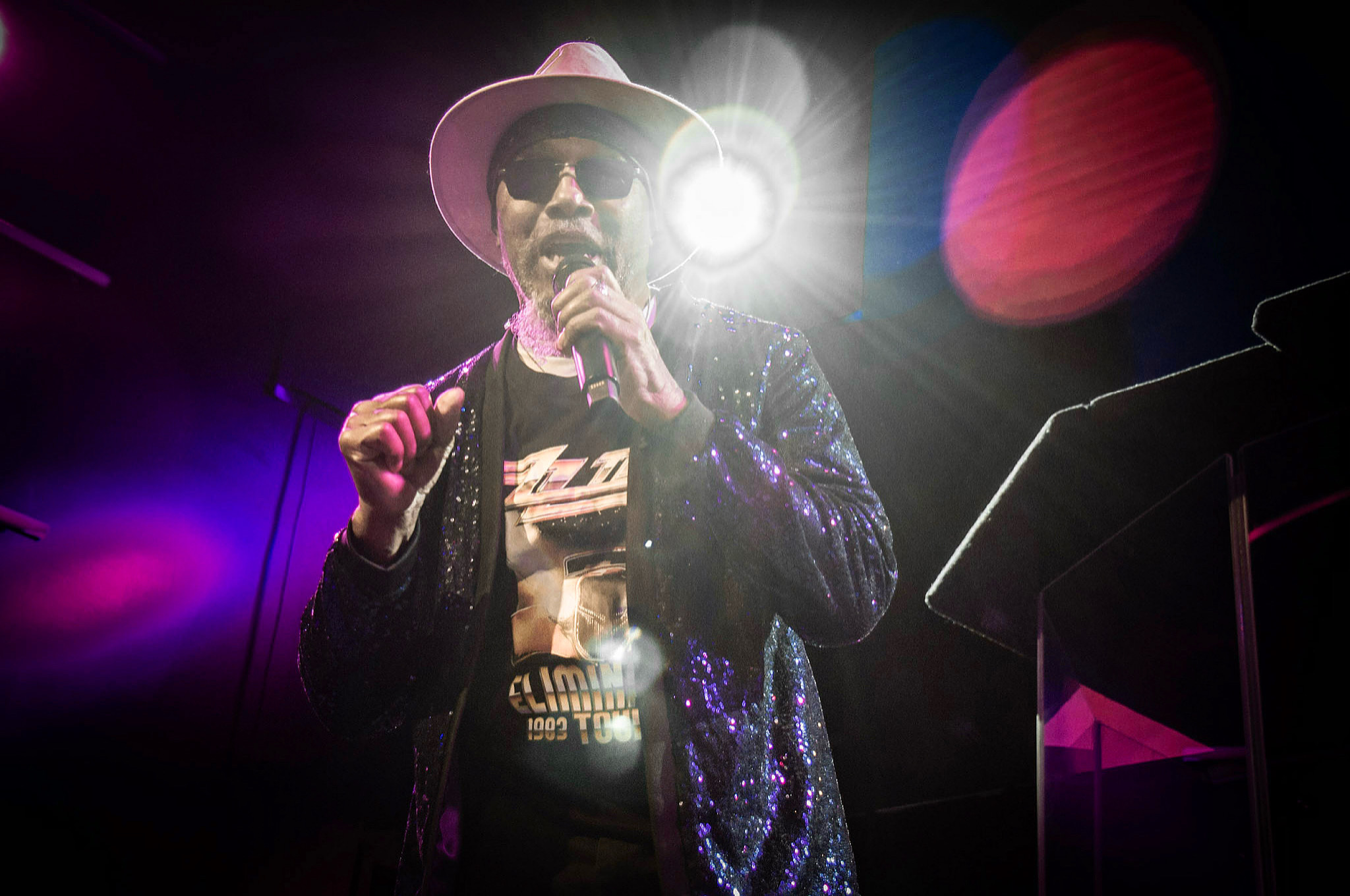 Person performing on stage with a hat, sunglasses, and a shiny jacket, holding a microphone, with bright stage lights behind.