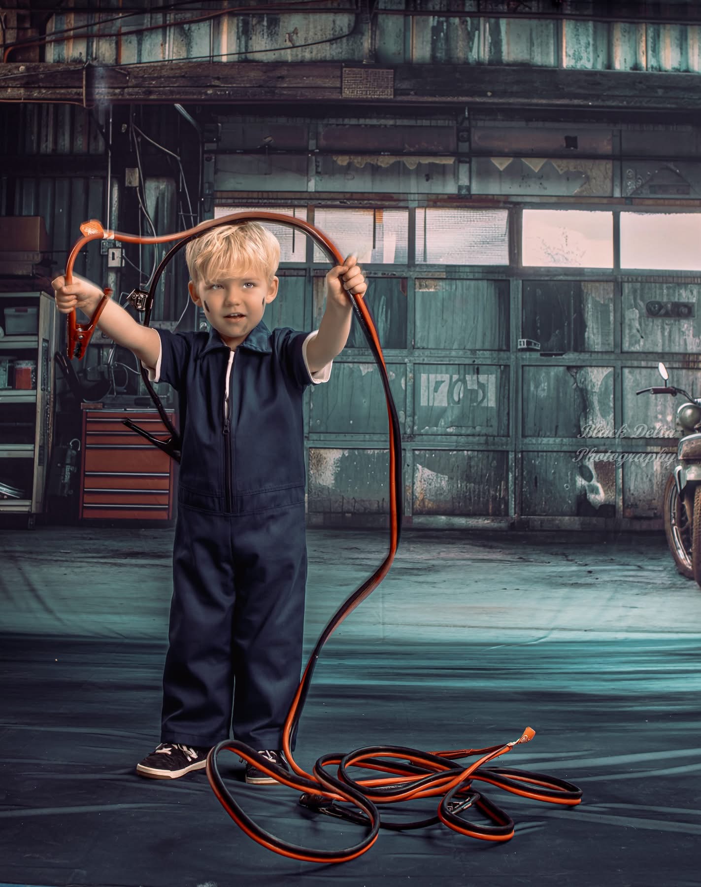 Child holding a jump rope indoors with a garage door and bicycle in the background.