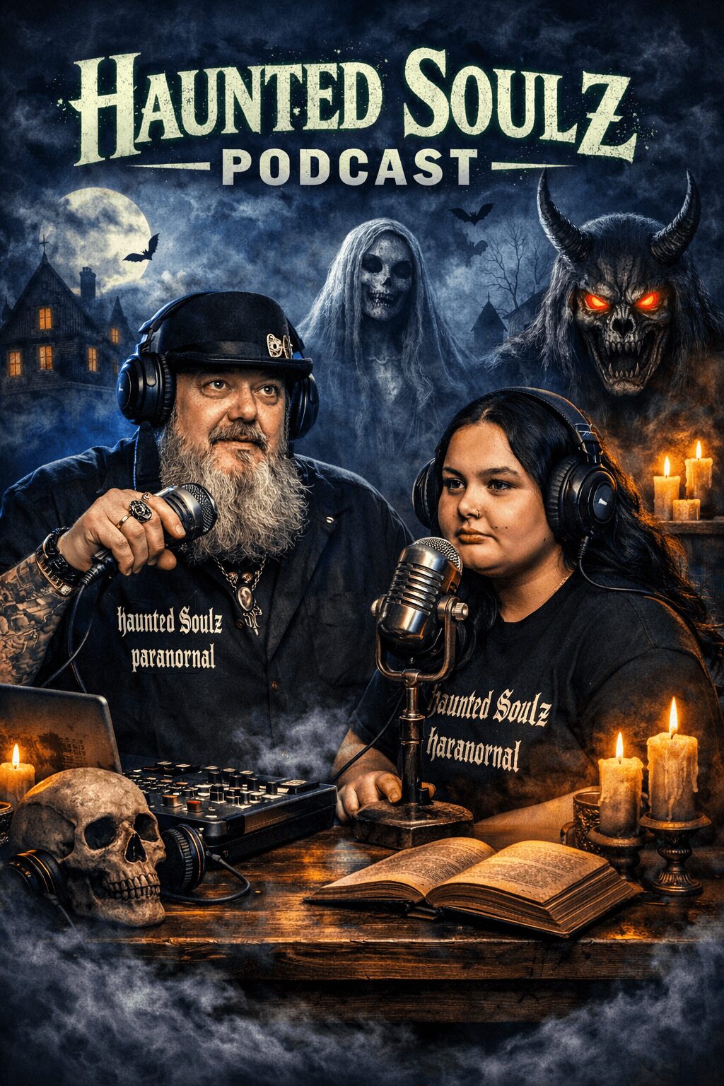 Two people with headphones and microphones sit at a table with candles, skull, and open book, haunted house background.