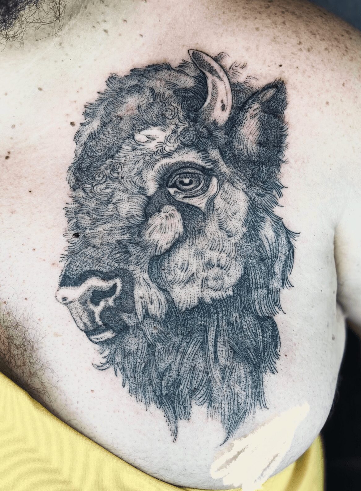 Detailed black and gray lion's head tattoo on chest, showing mane, face, and a prominent eye.