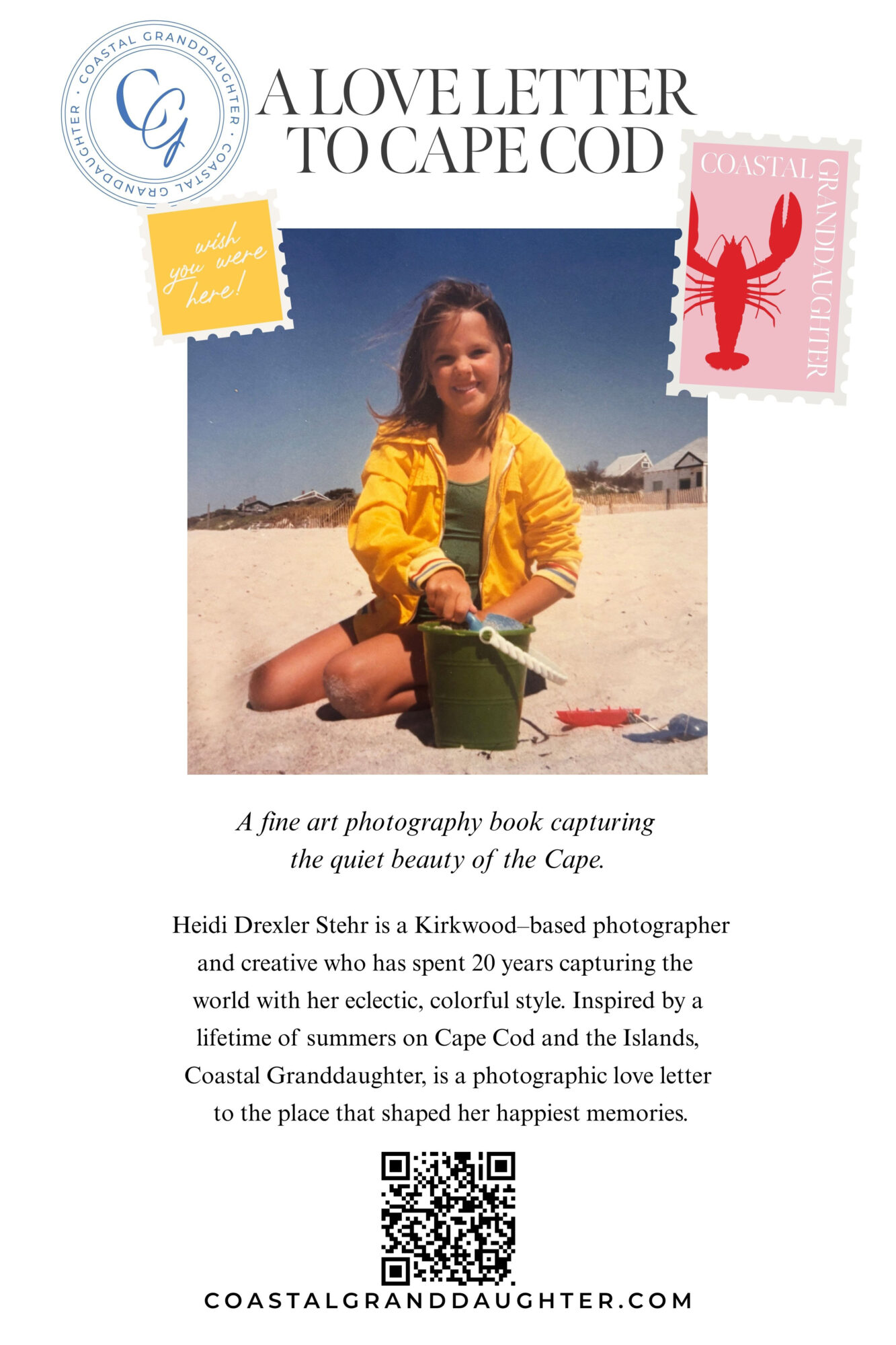 Young girl sitting on beach holding a green camera, wearing a yellow jacket, with a blue sky background.