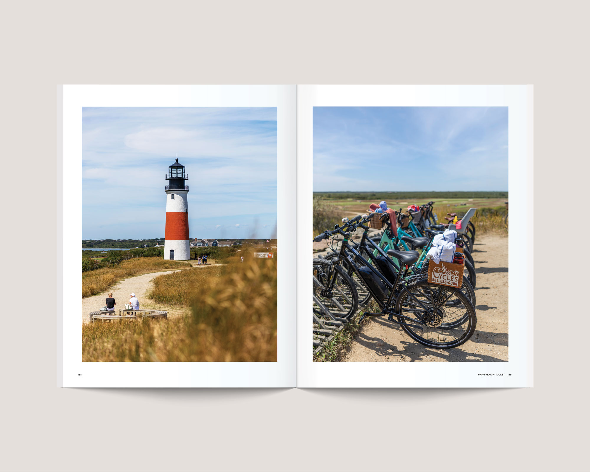 Two-page spread with a lighthouse on the left and bicycles with helmets on the right, outdoors, bright sky, grassy landscape.