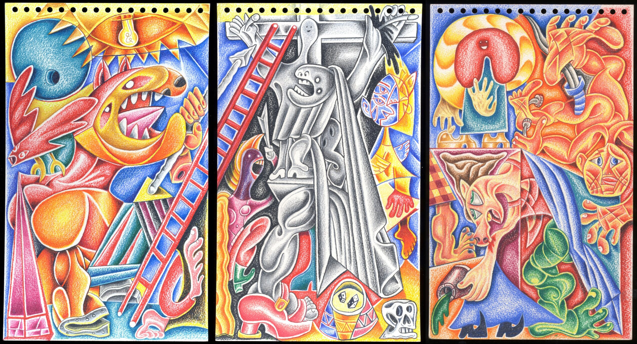 Three colorful abstract paintings with various shapes, lines, and figures, featuring vibrant colors and intricate designs.