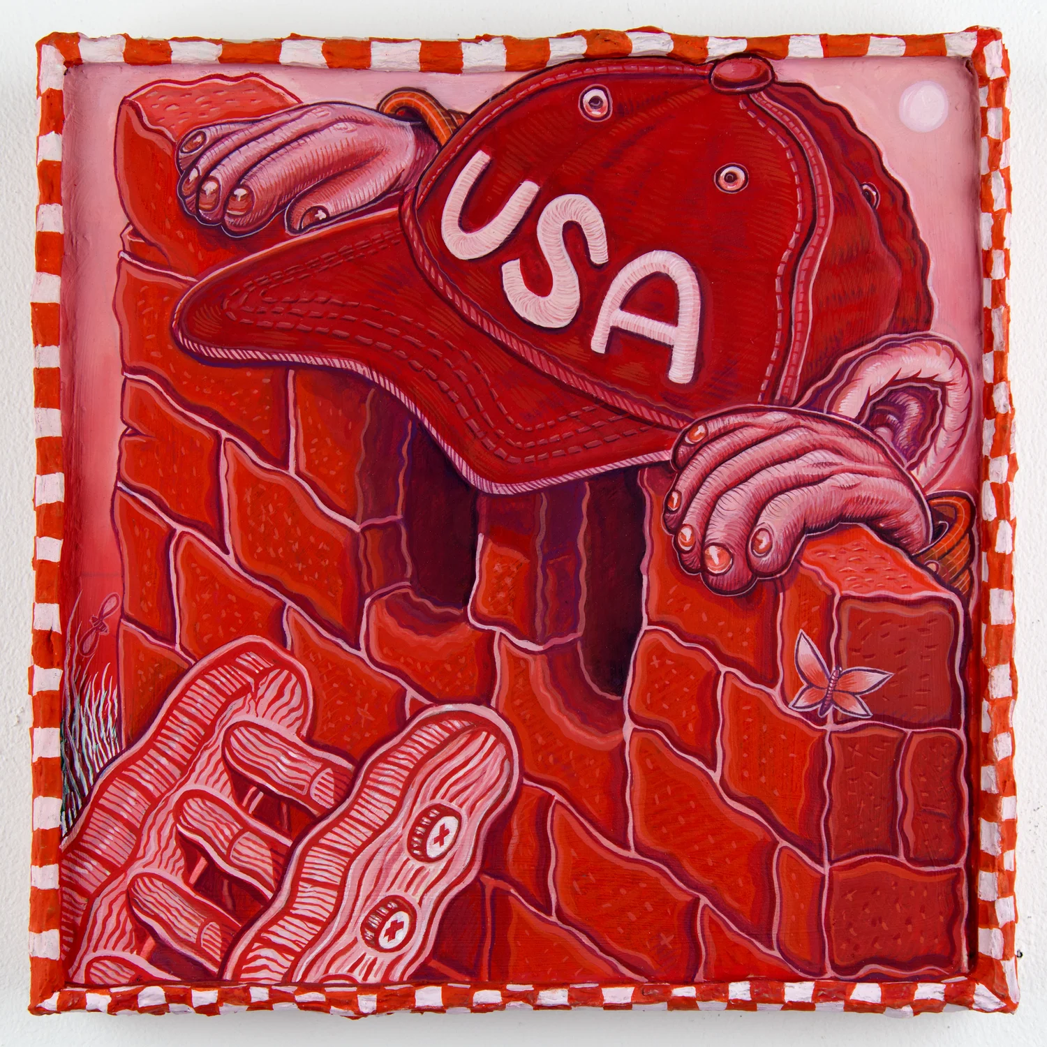Red cap with USA letters rests on a brick wall, with hands holding the cap and a hand reaching out, colorful illustration.