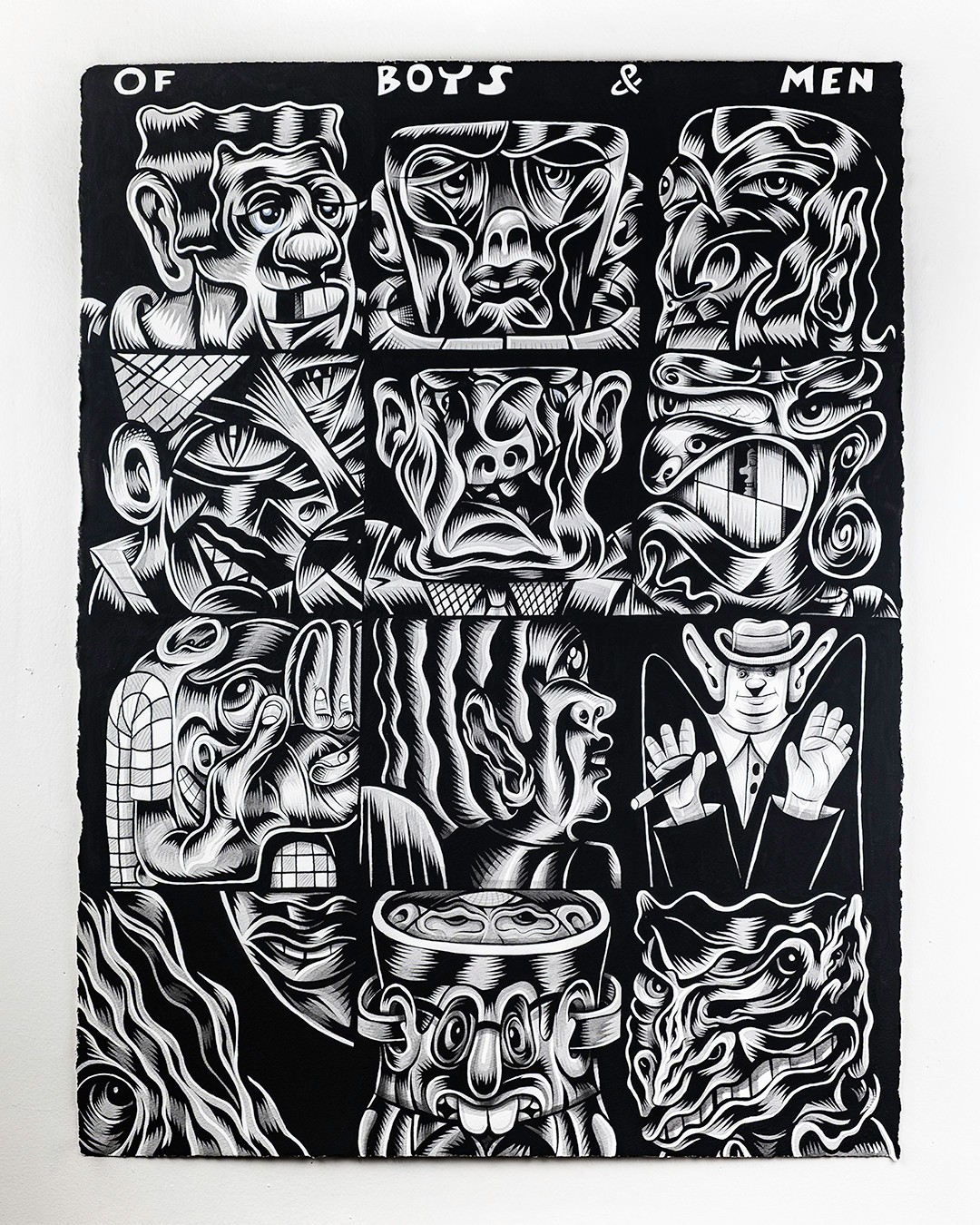 Black and white illustration of various stylized faces and figures, with text 'OF BOYS & MEN' at the top.