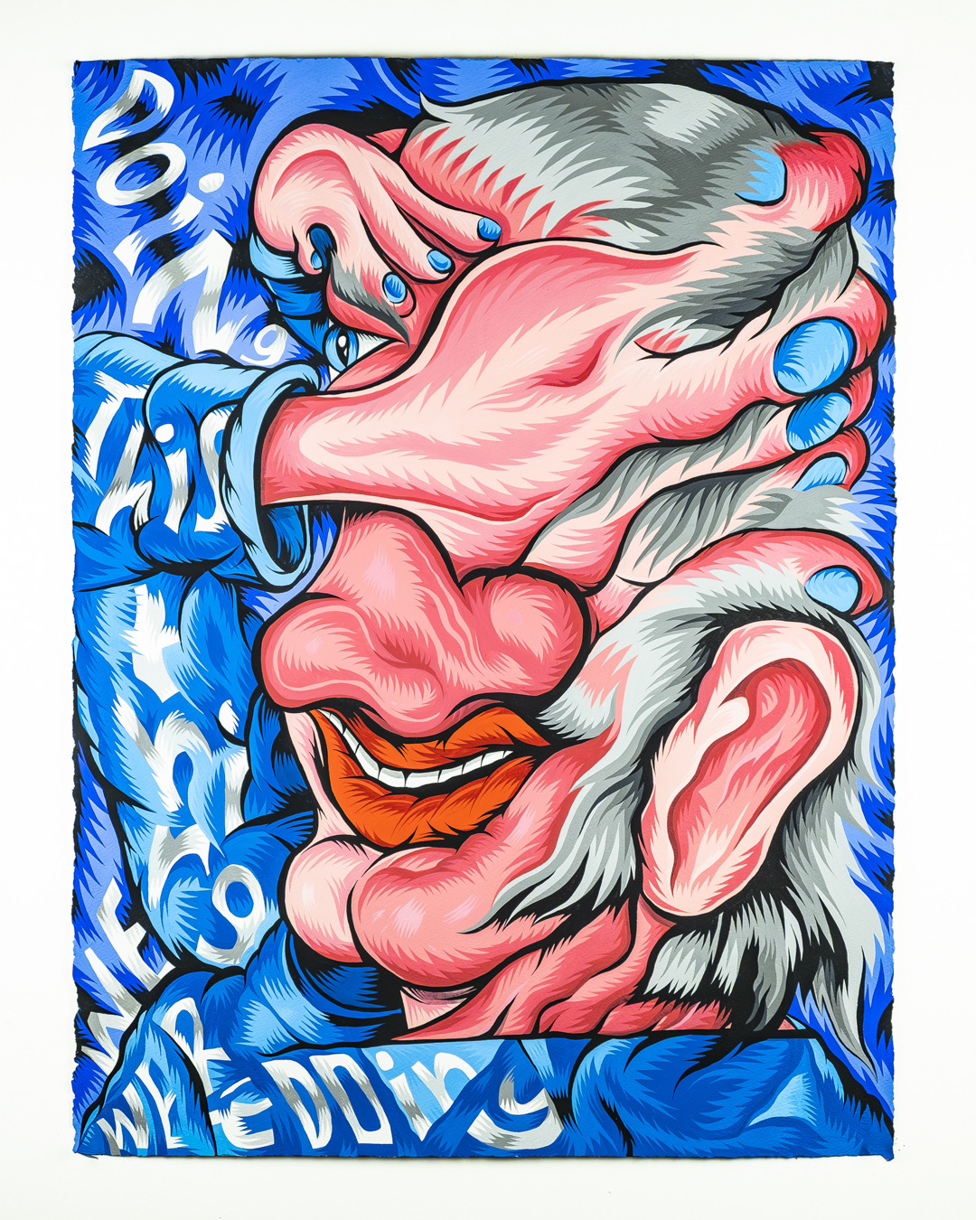 Colorful illustration of a person with a large, exaggerated face, covering their eyes with one hand, smiling, with a dog nearby, vibrant background.