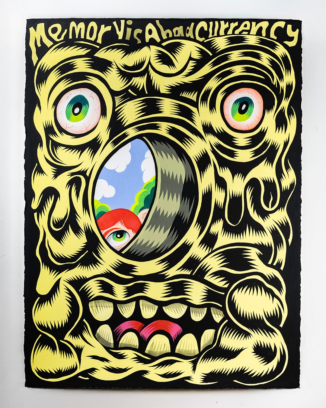 A stylized yellow face with large eyes, an open mouth, and a circular opening showing a landscape with a red object. Text at top reads 'No more is a bad currency'.