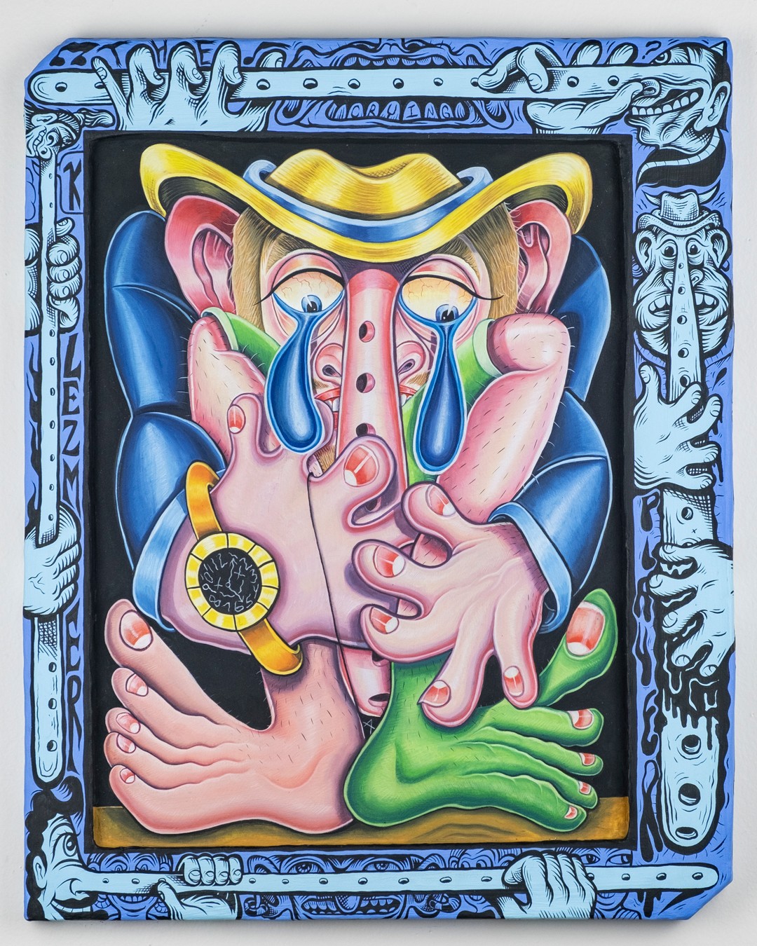 Colorful cartoon-style image of a crying pig wearing a cowboy hat, with a hand holding a green object, surrounded by a decorative blue border.