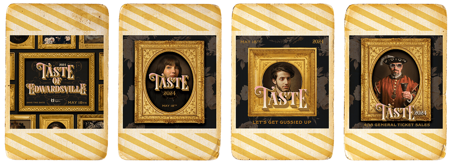 Four framed portraits of people, each with a gold frame, on a striped background.