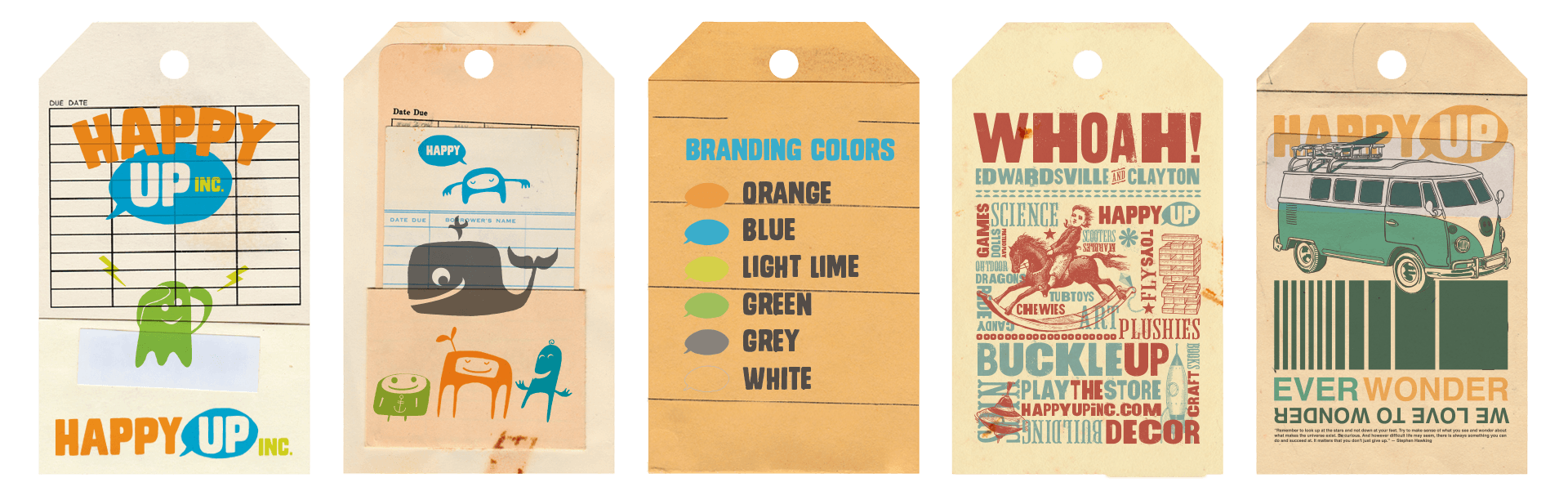 Three tickets with colorful text and images, including a whale, dog, and a vintage car, on a black background.